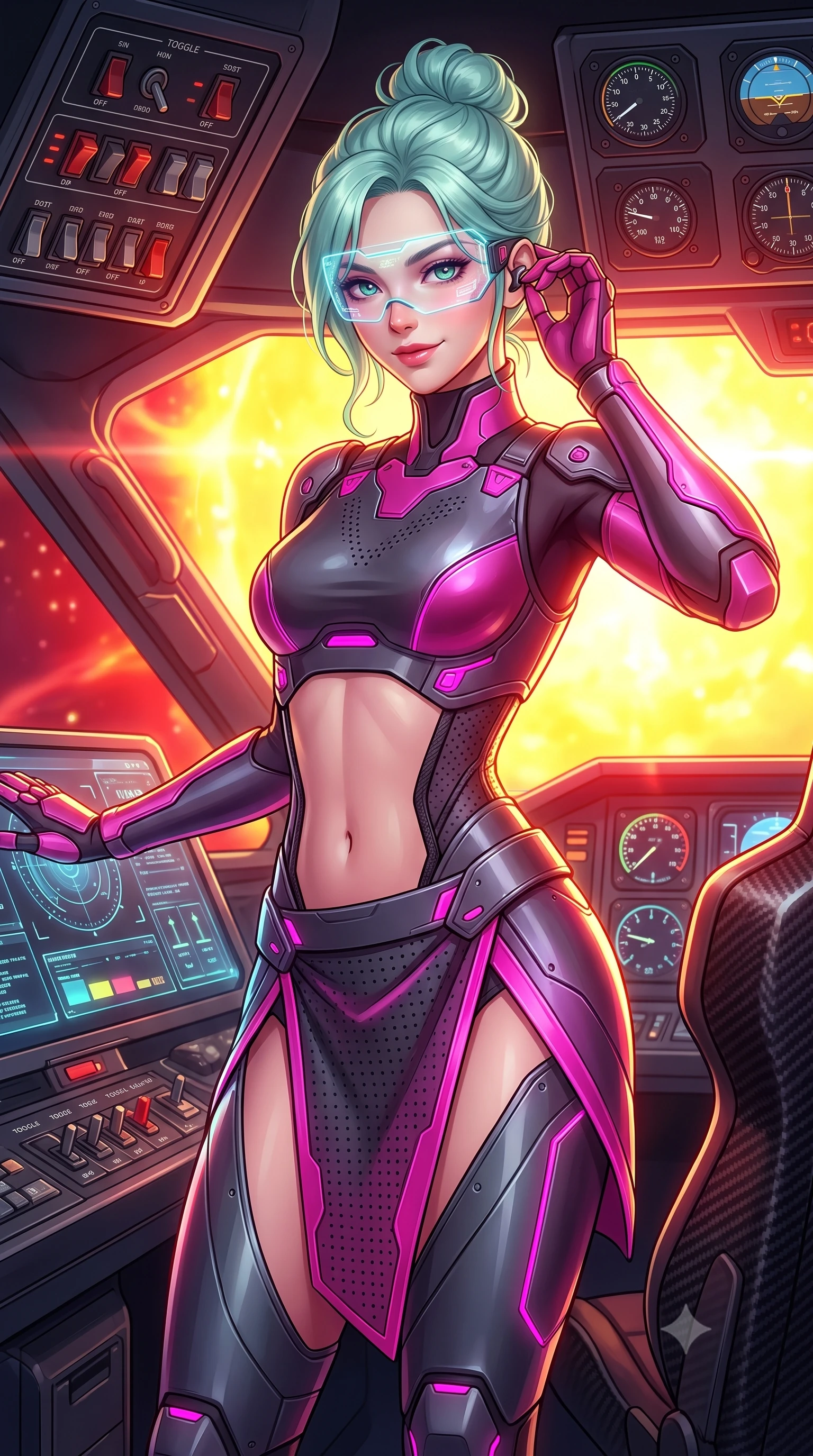score_9, masterpiece, best quality, ultra-detailed, high-budget anime keyframe, semi-realistic 3D game render, editorial fashion photography, tasteful artistic composition, Japanese woman. close-up cowboy shot from the waist and thighs up, the character dominates the composition, filling the frame with her large presence. tilting her head with a captivating smile while arching her spine with dancer poise, one hand adjusting her ear comm-link in a flirtatious S-curve while standing poised between flight consoles with hips cocked back, looking into the lens with fearless bedroom-eyes through a holographic HUD visor. The surrounding environment is rendered in vivid detail and crisp panoramic clarity: sharp toggle switches, illuminated cockpit instrumentation dials, and carbon fiber flight seat weave in deep focus. She has an exceptionally elegant, slender, and willowy female figure with an ultra-slim waist, flat toned midriff, narrow ribcage, and sculpted feminine hips creating an alluring, slim hourglass silhouette without bulk. sharp v-shaped jawline, high-bridge nose, intricate jewel-like sparkling eyes with depth, thick eyelashes, glossy parted lips with a natural sheen, bright confident smile with an enchanting and coquettish sensual glint, exuding both youthful magnetic charm and sovereign high-tech allure, flawlessly proportioned anatomical accuracy, strict slender model proportions, natural body alignment, perfectly sculpted long slender limbs, ultra-slim waistline, clean dynamic posture without body distortion. wearing a cyber-samurai tactical suit featuring a shortened carbon chestplate and high-slit armored wrap skirt in deep titanium gunmetal and radiant magenta neon, made of high-grade ballistic nylon with precision laser-cut perforations, finished with delicate carbon-fiber boning framing the narrow waistline, the high-waisted tailoring accentuating her ultra-slim waistline and the enchanting curve of her feminine hips with alluring dark charm. bathed in intense yellow and crimson light flares from the erupting sun casting dynamic reflections. highly saturated vibrant anime colors, detailed shading with soft gradients, rich glossy textures, high-contrast stereoscopic depth, volumetric dynamic lighting, master piece, 9:16 ratio
