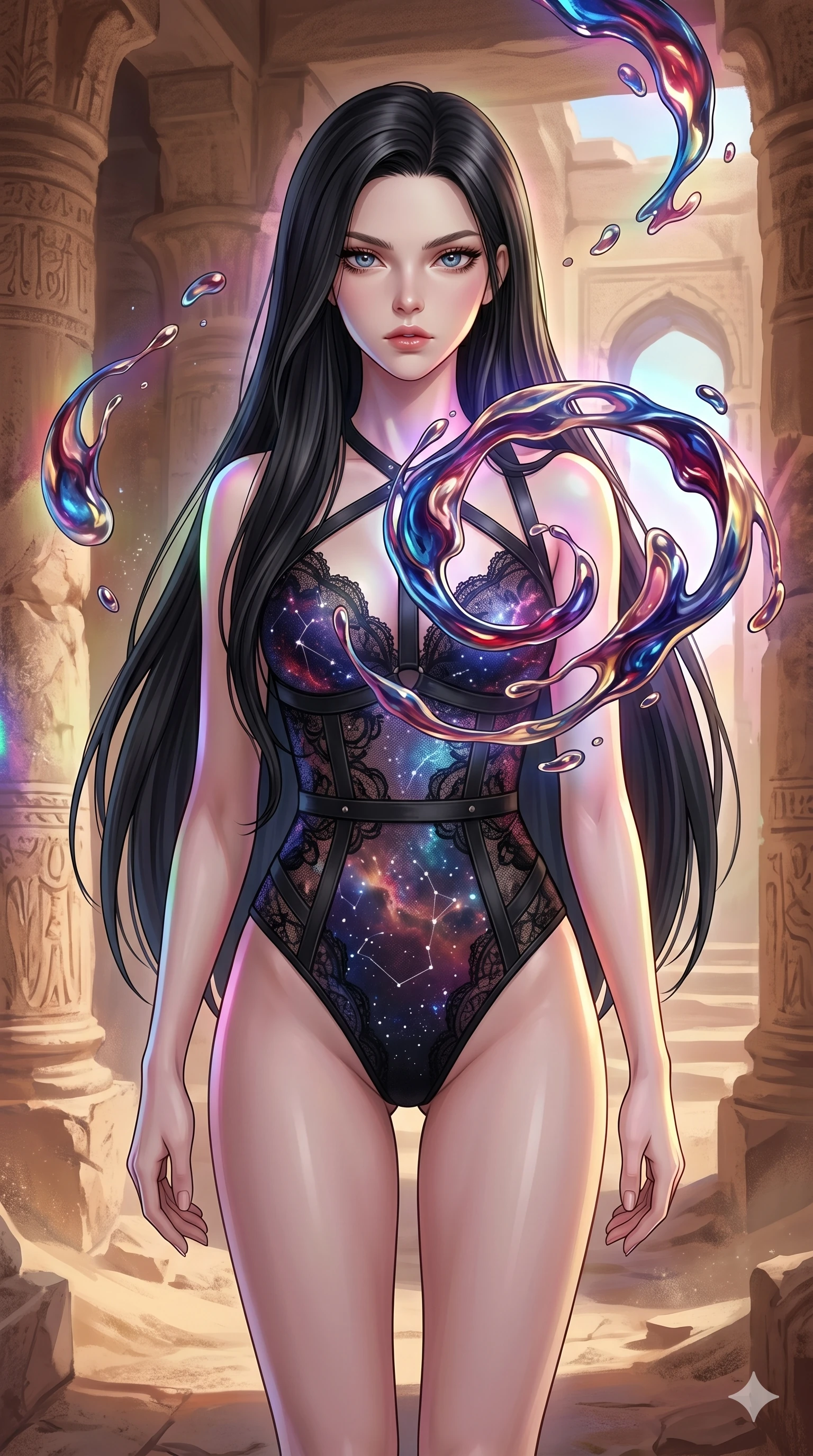 score_9, masterpiece, best quality, ultra-detailed, high-budget anime keyframe, Caucasian woman, strictly human ears. upper body close-up from the thighs up, character filling the screen for maximum presence. interacting with liquid stained-glass that melts and swirls in mid-air inside a crumbling desert ruin, the fluid jewelry floating in suspension. She has an absolutely perfect 8-heads proportion, an exceptionally tall and slender female figure with impossibly long slender legs and an ultra-slim waist. V-shaped jawline, high-bridge nose, intricate jewel-like eyes with depth, thick eyelashes, glossy lips with a natural sheen.. wearing a gothic nebula lace bodysuit, featuring a semi-opaque sculptural lace bodysuit with cosmic nebula patterns, reinforced by matte leather straps. enhanced by a luminous pastel spectrum glow, casting elegant rim lights on her shoulders and jawline. 2k, ultra detail, master piece, 9:16 ratio