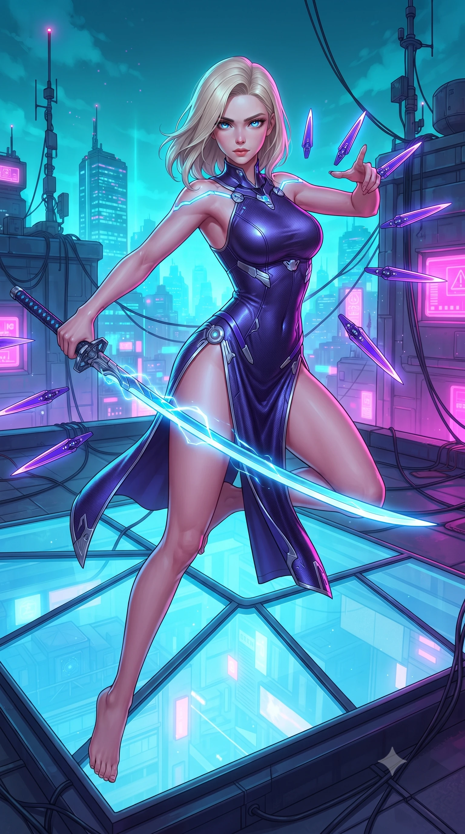 score_9, masterpiece, best quality, ultra-detailed, high-budget anime keyframe, editorial fashion photography, tasteful artistic composition, Caucasian woman. close-up cowboy shot from the waist and thighs up, the character dominates the composition, filling the frame with her large presence. gazing forward with divine sovereign poise, captivating jewel-like eyes shining with transcendent focus while holding her weapon with effortless mastery while leaping gracefully across a rooftop glass skylight with plasma katana extended, creating a brilliant arc of electric light. The surrounding environment is rendered in vivid detail and crisp panoramic clarity. intricate cybernetic katana hilt engravings, skyscraper antenna beacons, and neon city reflections in high clarity. She has an exceptionally elegant, slender, and willowy female figure with an ultra-slim waist, a gracefully sculpted slender torso, toned flat midriff, and a refined slim silhouette. sharp v-shaped jawline, high-bridge nose, intricate jewel-like eyes with depth, thick eyelashes, glossy lips with a natural sheen, flawlessly proportioned anatomical accuracy, strict slender model proportions, natural body alignment, perfectly sculpted long slender limbs, ultra-slim waistline, clean dynamic posture without body distortion. wearing a precision-fitted royal purple carbon-fiber battle-dress with high-slit tactical skirt and silver accents, directing eight floating nano-crystal funnel blades with sovereign gestures in royal purple carbon fiber with rose-gold hardware and clasps, tailored from flexible second-skin carbon-mesh that clings flawlessly to her athletic curves, accented with glowing fiber-optic conduits tracing her collarbones and hip curves, the liquid-tight tailored fabric emphasizing every curve of her tall, slender model proportions and sculptured silhouette during dynamic movement. bathed in vivid high-contrast neon cyan and magenta city backlighting with electric blade glow. ultra-reflective glossy finish, specular highlights, dark metallic sheen, high-contrast stereoscopic depth, volumetric dynamic lighting, 2k, ultra detail, master piece, 9:16 ratio