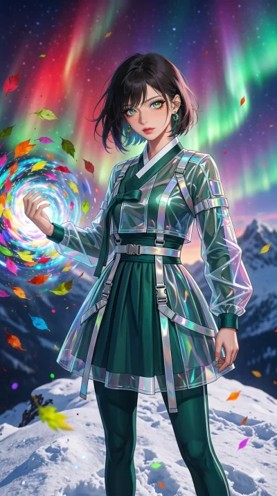 첨부의 캐릭터 얼굴만 유지해, score_9, masterpiece, best quality, ultra-detailed, Set A: Photorealistic 8k CG, Japanese woman. Upper body close-up from the thighs up, character filling the screen for maximum presence. Standing on a mountain top as the aurora bore