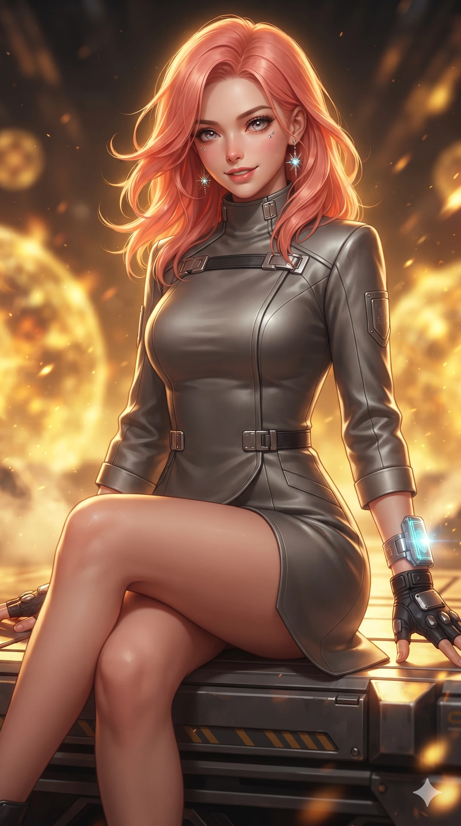 score_9, masterpiece, best quality, ultra-detailed, high-budget anime keyframe, editorial fashion photography, tasteful artistic composition, Japanese woman. close-up cowboy shot from the waist and thighs up, the character dominates the composition, filling the frame with her large presence. turning slowly with an enchanting smoldering smile, her glossy hair tossing as her hips angle gracefully in a captivating contrapposto while perched gracefully on the reinforced equipment staging deck with legs crossed, flashing an enchanting smile with parted glossy lips. The background shows a soft-focus pulsing spherical plasma containment fields, drifting cooling mist, and glowing telemetry arrays blurred into fiery gold, amber, and obsidian bokeh. She has an exceptionally elegant, slender, and willowy female figure with an ultra-slim waist, flat toned midriff, narrow ribcage, and sculpted feminine hips creating an alluring, slim hourglass silhouette without bulk. sharp v-shaped jawline, high-bridge nose, intricate jewel-like sparkling eyes with depth, thick eyelashes, glossy parted lips with a natural sheen, bright confident smile with an enchanting and coquettish sensual glint, exuding both youthful magnetic charm and sovereign high-tech allure, flawlessly proportioned anatomical accuracy, strict slender model proportions, natural body alignment, perfectly sculpted long slender limbs, ultra-slim waistline, clean dynamic posture without body distortion. wearing a prestigious diplomatic high-neck sci-fi senate coat dress in structured nano-wool with polished titanium clasp hardware in metallic graphite and starlight platinum, tailored from brushed aeronautical titanium alloy with matte satin sheen, complemented by fingerless armored tactical gloves and a glowing holographic wrist terminal, the bespoke structured tailoring following the natural line of her 8.5-heads silhouette with refined elegance. bathed in the blinding warm golden radiance of the magnetic fusion core with dynamic volumetric heat shimmers. ultra-reflective glossy finish, specular highlights, rich textural contrasts, high-contrast stereoscopic depth, volumetric dynamic lighting, 2k, ultra detail, master piece, 9:16 ratio