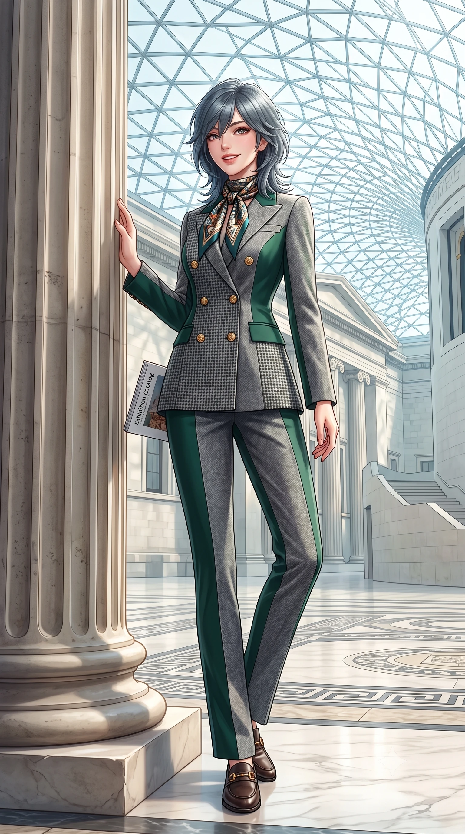 score_9, masterpiece, best quality, ultra-detailed, high-budget anime keyframe, semi-realistic 3D game render, editorial fashion photography, tasteful artistic composition, Caucasian woman. low angle full-body shot from head to toe showing her feet, filling the entire 9:16 vertical frame with her statuesque presence, stretching her vertical silhouette. pausing along the promenade and turning back toward the camera with an infectious, delightful smile and perfect posture while leaning lightly against the fluted Portland stone Corinthian column, one hand holding an exhibition catalog with refined poise. The surrounding environment is rendered in vivid detail and crisp panoramic clarity: detailed houndstooth tweed jacket weave, gold embossed coin buttons, and monumental British architecture in high resolution. She has an exceptionally tall and slender model-like 8.5-heads proportion, an ultra-slim waist, a flat toned midriff, narrow delicate ribcage, and beautifully sculpted feminine hips creating a graceful, slim hourglass silhouette without any bulky heaviness, with impossibly long slender legs. sharp v-shaped jawline, high-bridge nose, intricate jewel-like sparkling eyes with depth, thick eyelashes, glossy parted lips with a natural peach sheen, bright cheerful beaming smile with an enchanting and coquettish sensual glint, exuding both youthful cute charm and seductive allure, flawlessly proportioned anatomical accuracy, strict slender model proportions, natural body alignment, perfectly sculpted long slender limbs, ultra-slim waistline, clean dynamic posture without body distortion. wearing a refined double-breasted wool gabardine pantsuit with clean minimalist tailoring and a concealed placket in St. Moritz pine forest emerald and heather grey, tailored from heavyweight double-faced wool with clean architectural edges, finished with a printed silk twilly scarf knotted gracefully around her neck, the streamlined silhouette following her natural slender proportions with sophisticated poise, enhancing her tall willowy presence. bathed in voluminous pure white zenithal daylight filtering through the vast geometric glass skylight canopy. highly saturated vibrant anime colors, detailed shading with soft gradients, rich glossy textures, high-contrast stereoscopic depth, volumetric dynamic lighting, master piece, 9:16 ratio