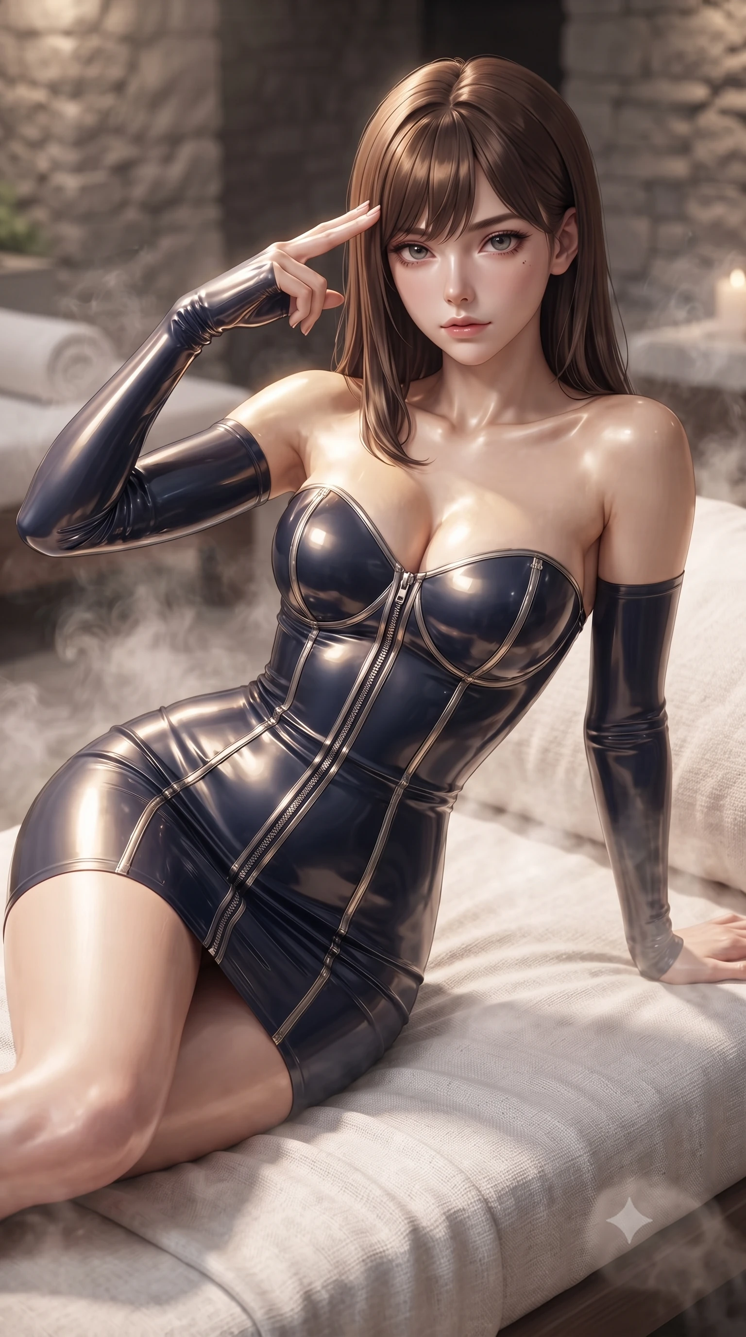 score_9, masterpiece, best quality, ultra-detailed, high-budget anime keyframe, editorial fashion photography, tasteful artistic composition, Korean woman. close-up cowboy shot from the waist and thighs up, the character dominates the composition, filling the frame with her large presence, background elements kept in soft focus. Pressing two fingers to her temple in a composed, sharp thoughtful gesture, lounging on a white linen daybed surrounded by floating aromatic steam, sculpted clavicle lines and bare shoulders catching golden rim rays. She has an exceptionally elegant, slender, and willowy female figure with an ultra-slim waist, a gracefully sculpted slender torso, and a refined silhouette. sharp v-shaped jawline, high-bridge nose, intricate jewel-like eyes with depth, thick eyelashes, glossy lips with a natural sheen. wearing glove-like fit dark navy latex bodycon mini dress in champagne gold, made of high-gloss liquid vinyl, finished with metallic silver boning and sleek zipper points, contouring every curve with an exceptionally elegant silhouette. bathed in soft rose-tinted steam rays and bright alabaster highlights. ultra-reflective glossy finish, specular highlights, metallic sheen, high-contrast stereoscopic depth, volumetric dynamic lighting, 2k, ultra detail, master piece, 9:16 ratio