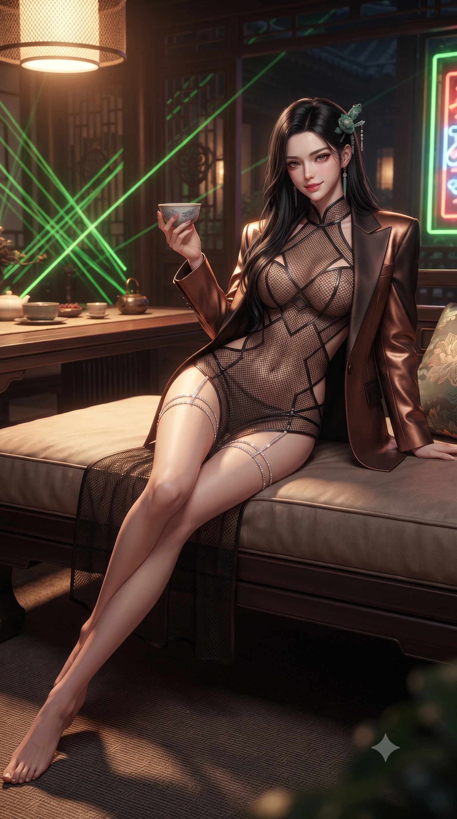 score_9, masterpiece, best quality, ultra-detailed, high-budget anime keyframe, editorial fashion photography, tasteful artistic composition, Korean woman. low angle full-body shot from head to toe showing her feet, filling the entire 9:16 vertical frame with her statuesque presence, stretching her vertical silhouette. reclining gracefully across the plush chaise lounge with one leg extended, her sculpted silhouette and flat midriff radiating magnetic nocturnal glamour while perched sideways on the lacquered pavilion threshold with legs extended, holding a modern ceramic tea bowl with dangerous coquettish cool. The surrounding environment is rendered in vivid detail and crisp panoramic clarity: detailed modern cheongsam-inspired sheer mesh dress tailoring, jade hairpin gleam, and precision interior craft in razor-sharp precision. She has an absolutely perfect, statuesque 8.5-heads proportion, an exceptionally tall and slender model-like female figure with impossibly long slender legs, an ultra-slim waist, a flat toned midriff, narrow delicate ribcage, and beautifully sculpted feminine hips creating a graceful, slim hourglass silhouette without any bulky heaviness. sharp v-shaped jawline, high-bridge nose, sparkling eyes with hypnotic seductive depth, thick curled eyelashes, glossy parted lips with a natural dewy peach sheen, alluring bedroom-eyes with an enchanting coquettish smile, exuding magnetic siren charisma and sophisticated glamour, flawlessly proportioned anatomical accuracy, strict slender model proportions, natural body alignment, perfectly sculpted long slender limbs, ultra-slim waistline, clean dynamic posture without body distortion. wearing a delicate sheer French Chantilly lace teddy layered under an open tailored tuxedo blazer draped over bare shoulders in sultry espresso bronze and metallic copper, tailored from fine structural neoprene with crisp architectural edges and smooth contouring, finished with delicate crystal-encrusted thigh garter straps glinting in the dim light, the precision-cut side openings and low-back scoop framing her graceful spine and the sensual sweep of her slim, toned hips. bathed in warm 2800K tea table downlighting mixed with vibrant green laser lattice accents and exterior neon fill. ultra-reflective glossy finish, specular highlights, rich textural contrasts, high-contrast stereoscopic depth, volumetric dynamic lighting, 2k, ultra detail, master piece, 9:16 ratio