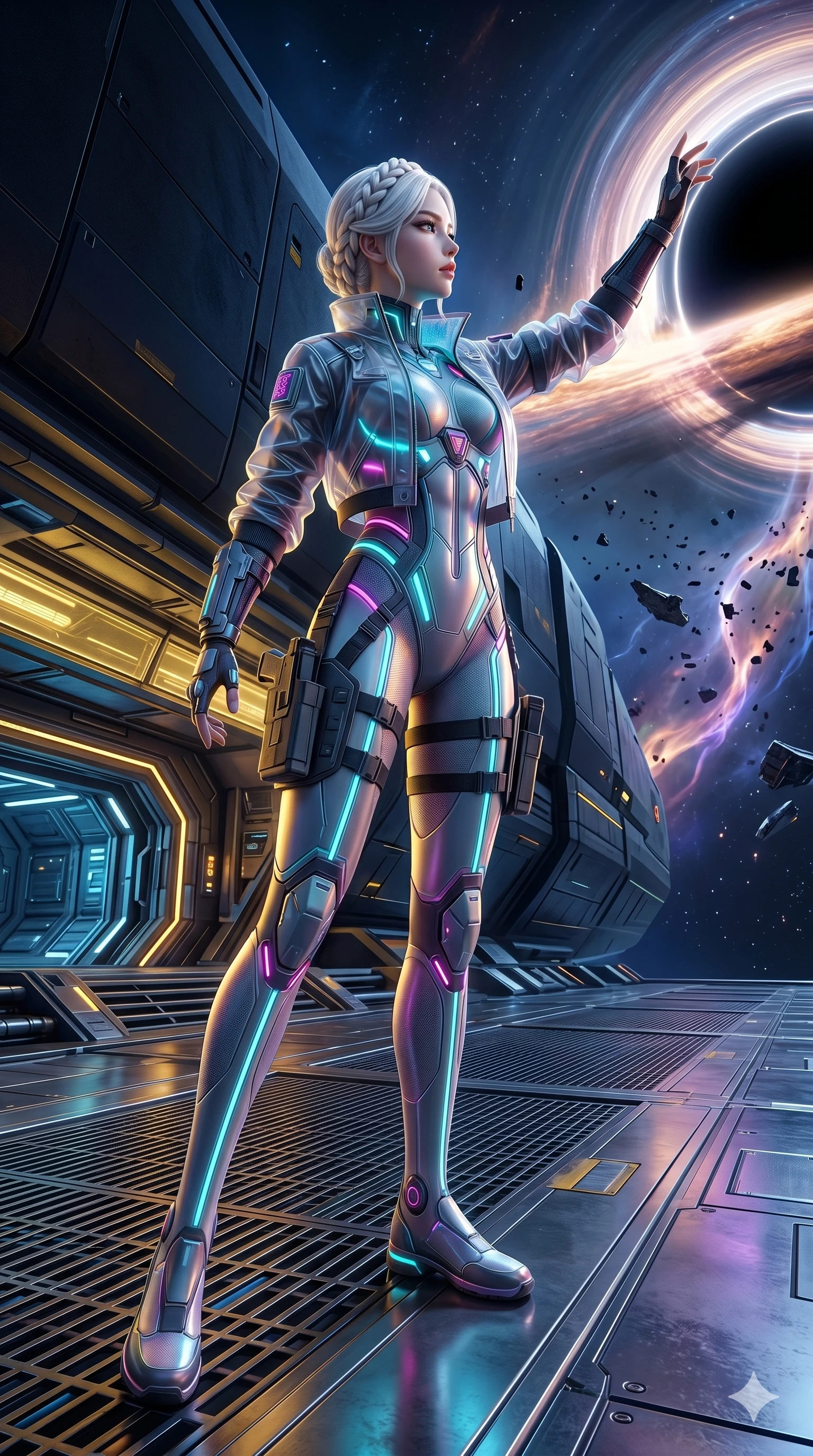score_9, masterpiece, best quality, ultra-detailed, photorealistic 8k CG, hyper-detailed textures, ray-tracing, Korean woman. Dynamic full-body shot stretching the vertical silhouette with extreme perspective. standing on the deck of a ship as it sails into a black hole. She has an absolutely perfect 8-heads proportion, an exceptionally tall and slender female figure with graceful and slender proportions. strictly human anatomy, two legs only, no extra limbs, clearly defined legs and arms, perfect anatomy, perfect hands and fingers. sharp v-shaped jawline, high-bridge nose, intricate jewel-like eyes, thick eyelashes, glossy lips. Wearing Tech-Fantasy: Cybernetic tech-suit with glowing seams, translucent jacket over a bodysuit, and modular tactical gear. The scene is illuminated by dramatic atmospheric lighting and vibrant color palettes. , 2k, ultra detail, master piece, 9:16 ratio