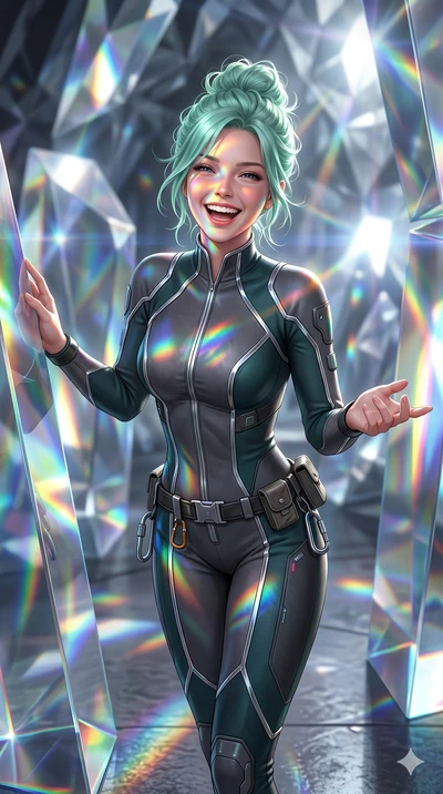score_9, masterpiece, best quality, ultra-detailed, high-budget anime keyframe, semi-realistic 3D game render, Japanese woman. Upper body close-up from the thighs up, character filling the screen for maximum presence. Standing in a room of giant glas