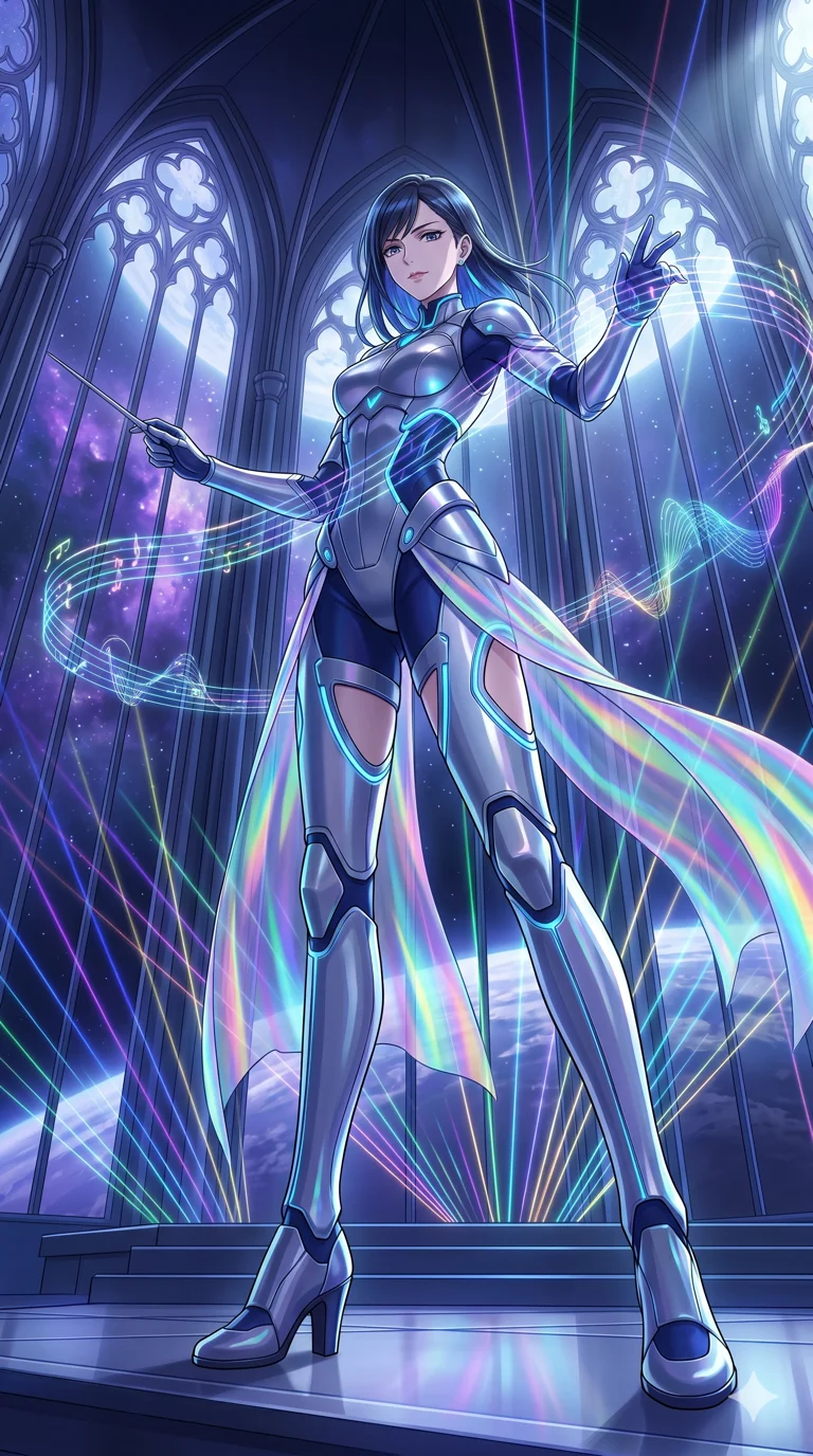 score_9, masterpiece, best quality, ultra-detailed, High-budget Anime Keyframe, vibrant colors, fluid line-art, expressive lighting, cinematic composition, Ufotable-style visual effects, top-tier animation quality, Japanese woman with delicate and elegant anime-inspired features. Wide-angle low shot emphasizing her impossibly long slender legs and commanding stature. Orchestrating a complex symphony of laser lights and holographic projections in a grand futuristic concert hall. She has an absolutely perfect 8-heads proportion, an exceptionally tall and slender female figure with impossibly long slender legs and an ultra-slim waist, her statuesque height and towering silhouette dominating the vertical 9:16 frame. Her face is a masterpiece featuring a sharp v-shaped jawline, high-bridge nose, intricate jewel-like eyes with depth, thick eyelashes, and glossy lips with a natural sheen. She is wearing a Metallic armor-bikini with sharp, aggressive edges and integrated energy-shield generators crafted from Holographic chiffon that changes color with every movement, creating a rainbow effect, with integrated neon-lit tactical gear and suggestive cutouts on the thighs. The scene is set in a majestic gothic cathedral in deep space with massive windows overlooking a swirling nebula, illuminated by ethereal moonlight filtering through a crystalline canopy, creating soft highlights. 2k, ultra detail, master piece, 9:16 ratio