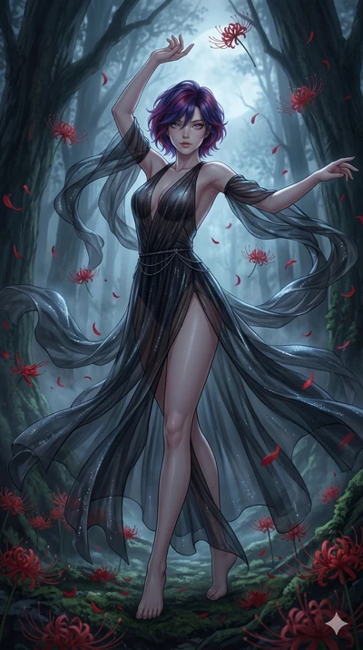score_9, masterpiece, best quality, ultra-detailed, High-budget Anime Keyframe, East Asian woman. Low angle cowboy shot filling the entire 9:16 frame with her statuesque presence. Scenario 215: Dancing amidst falling red spider lilies in a misty dark