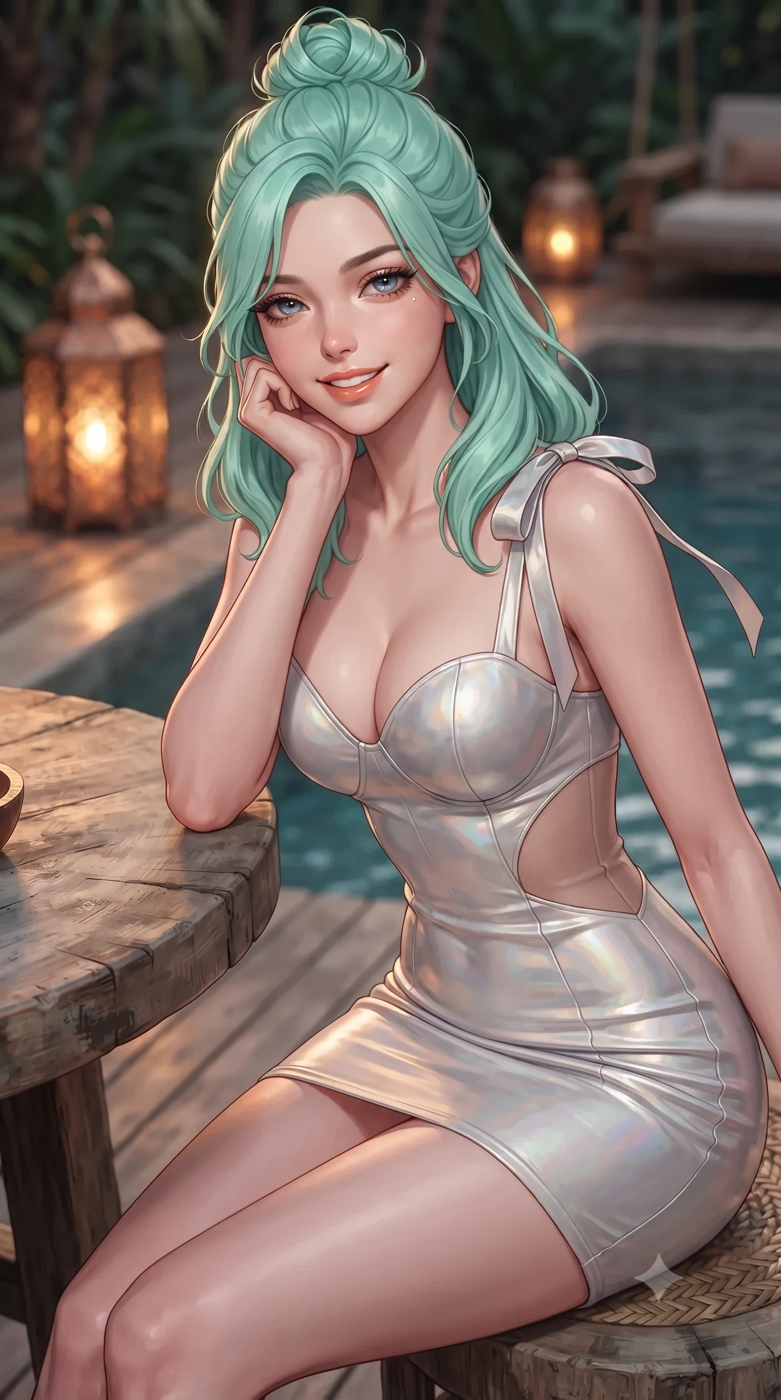 score_9, masterpiece, best quality, ultra-detailed, high-budget anime keyframe, editorial fashion photography, tasteful artistic composition, Japanese woman. close-up cowboy shot from the waist and thighs up, the character dominates the composition, filling the frame with her large presence. resting one elbow on the table and supporting her chin, leaning close to the camera with heavy-lidded sparkling eyes and parted lips while twisting her slender torso in an alluring S-curve beside the plunge pool, warm lantern light and starlight tracing her flat midriff and curves. The background shows a soft-focus flickering pierced copper lantern glows softened in bohemian luxury jungle retreat shallow focus. She has an exceptionally elegant, slender, and willowy female figure with an ultra-slim waist, flat toned midriff, narrow ribcage, and sculpted feminine hips creating an alluring, slim hourglass silhouette without bulk. sharp v-shaped jawline, high-bridge nose, intricate jewel-like sparkling eyes with depth, thick eyelashes, glossy parted lips with a natural peach sheen, bright cheerful beaming smile with an enchanting and coquettish sensual glint, exuding both youthful cute charm and seductive allure, flawlessly proportioned anatomical accuracy, strict slender model proportions, natural body alignment, perfectly sculpted long slender limbs, ultra-slim waistline, clean dynamic posture without body distortion. wearing an alluring plunging sweetheart bustier dress with sheer mesh side-waist cutouts contouring her ribs in iridescent mother-of-pearl and liquid molten silver, woven from buttery-soft stretch lambskin leather adhering to her body like a second skin, finished with satin ribbon ties at the shoulders fluttering in the gentle breeze, the glove-like clinging cut tightly following the natural contour of her hips and long slender legs with youthful 8.5-heads elegance. illuminated by wood deck reflection bounce and sharp amber-gold rim lights defining her dewy collarbones, ultra-slim waist, and curvy hips. ultra-reflective glossy finish, specular highlights, rich textural contrasts, high-contrast stereoscopic depth, volumetric dynamic lighting, 2k, ultra detail, master piece, 9:16 ratio