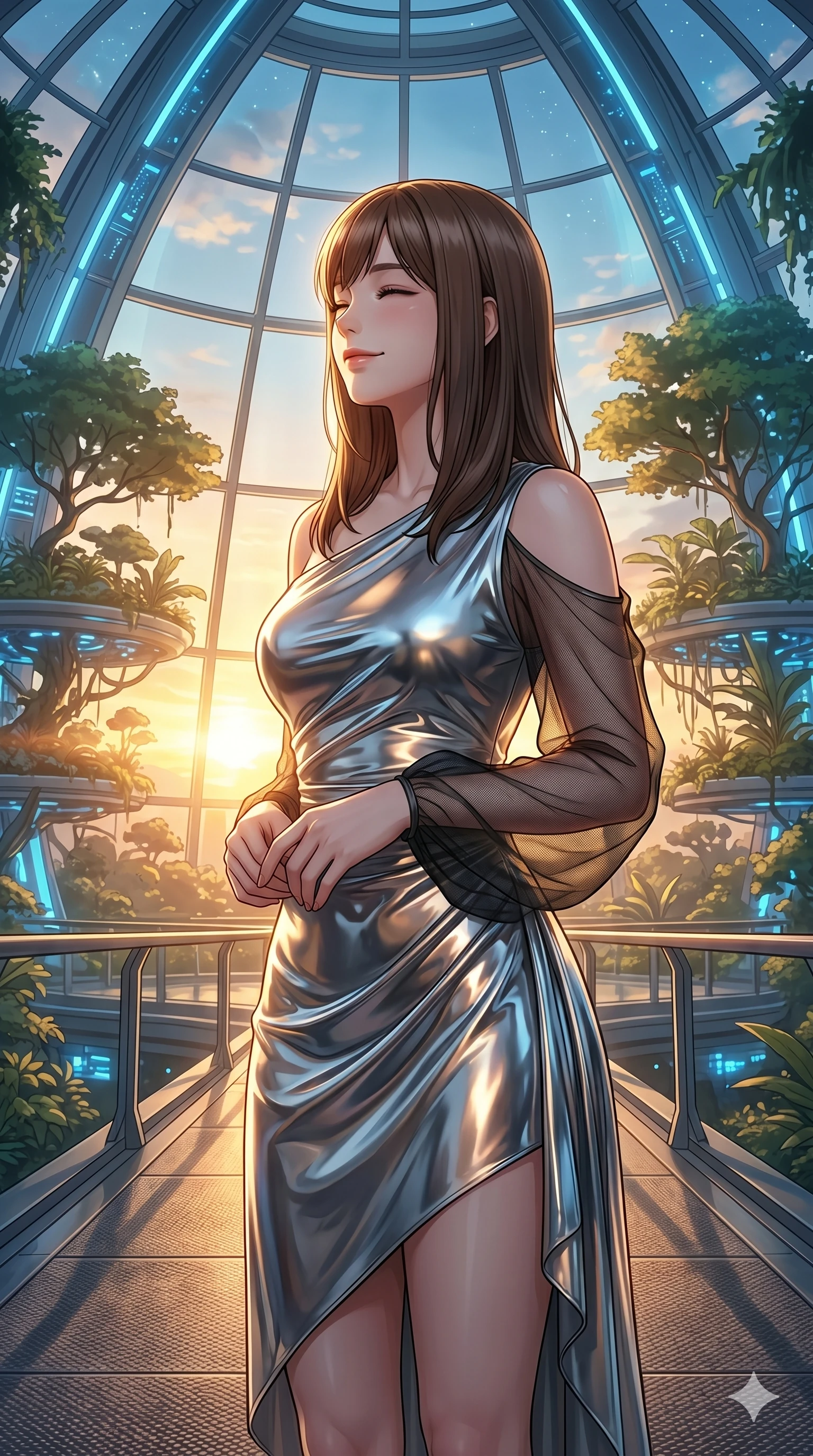 score_9, masterpiece, best quality, ultra-detailed, high-budget anime keyframe, editorial fashion photography, tasteful artistic composition, Korean woman. Upper body close-up from the thighs up, character filling the screen for maximum presence. Standing on a bridge in a biotech dome during sunrise, looking towards the sunrise with a peaceful, happy expression. She is wearing an asymmetrical dress in liquid-chrome finish and sheer mesh sleeves. The scene is bathed in the soft golden rays of the sun and blue ambient lights. 2k, ultra detail, master piece, 9:16 ratio