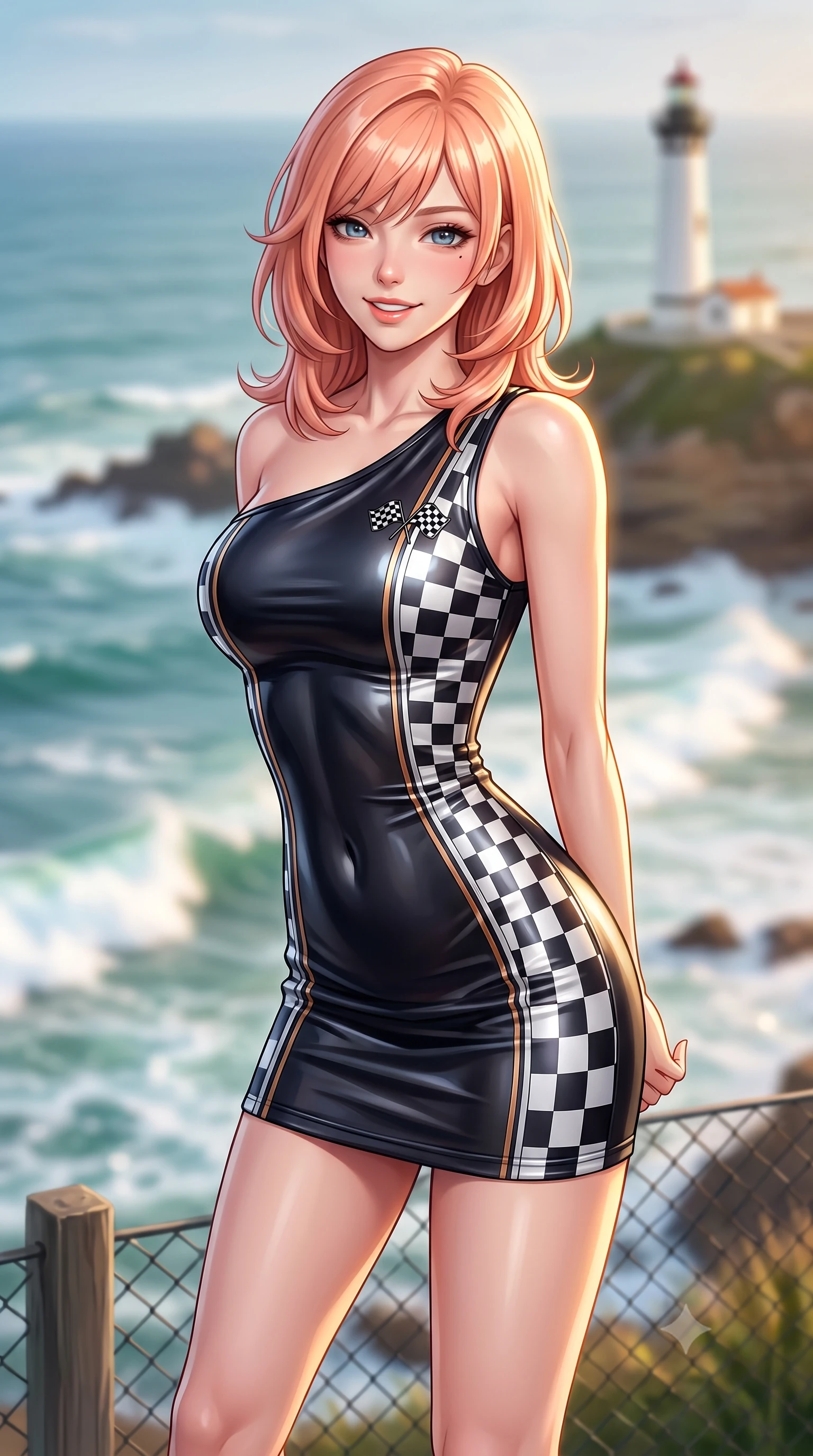 score_9, masterpiece, best quality, ultra-detailed, high-budget anime keyframe, semi-realistic 3D game render, editorial fashion photography, tasteful artistic composition, Japanese woman. close-up cowboy shot from the waist and thighs up, the character dominates the composition, filling the frame with her large presence. resting both hands lightly behind her back while leaning toward the lens with a cheerful, teasing grin, her form-fitting athletic suit hugging her narrow waist and hip curve while standing at the cliffside court fence high above crashing Atlantic rollers, arching her back with dynamic athletic grace. The background shows a soft-focus the dramatic rolling Atlantic surf breaking over coastal rocks and the historic Biarritz lighthouse blurred into seafoam, aquamarine, and amber bokeh. She has an exceptionally elegant, slender, and willowy female figure with an ultra-slim waist, flat toned midriff, narrow ribcage, and sculpted feminine hips creating an alluring, slim hourglass silhouette without bulk. sharp v-shaped jawline, high-bridge nose, sparkling eyes with athletic focus and depth, thick curled eyelashes, glossy parted lips with a natural coral-peach sheen, bright confident and coquettish smile with alluring bedroom-eyes, exuding both youthful sporty vigor and sovereign high-society glamour, flawlessly proportioned anatomical accuracy, strict slender model proportions, natural body alignment, perfectly sculpted long slender limbs, ultra-slim waistline, clean dynamic posture without body distortion. wearing an asymmetric one-shoulder metallic racing mini dress with checkered flag embroidery hugging her narrow waist and hips in matte obsidian black and checkered flag white, tailored from crisp cotton poplin with clean aerodynamic structural lines, finished with contrasting racing stripe tape and subtle checkered flag embroidery, the high-waisted wrap tailoring accentuating her ultra-slim waistline and the enchanting curve of her feminine hips with alluring sporty charm. illuminated by ocean surf bounce fill and sharp warm-gold rim lights defining her razor-sharp jawline, narrow waist, and curvy hips. highly saturated vibrant anime colors, detailed shading with soft gradients, rich glossy textures, high-contrast stereoscopic depth, volumetric dynamic lighting, master piece, 9:16 ratio