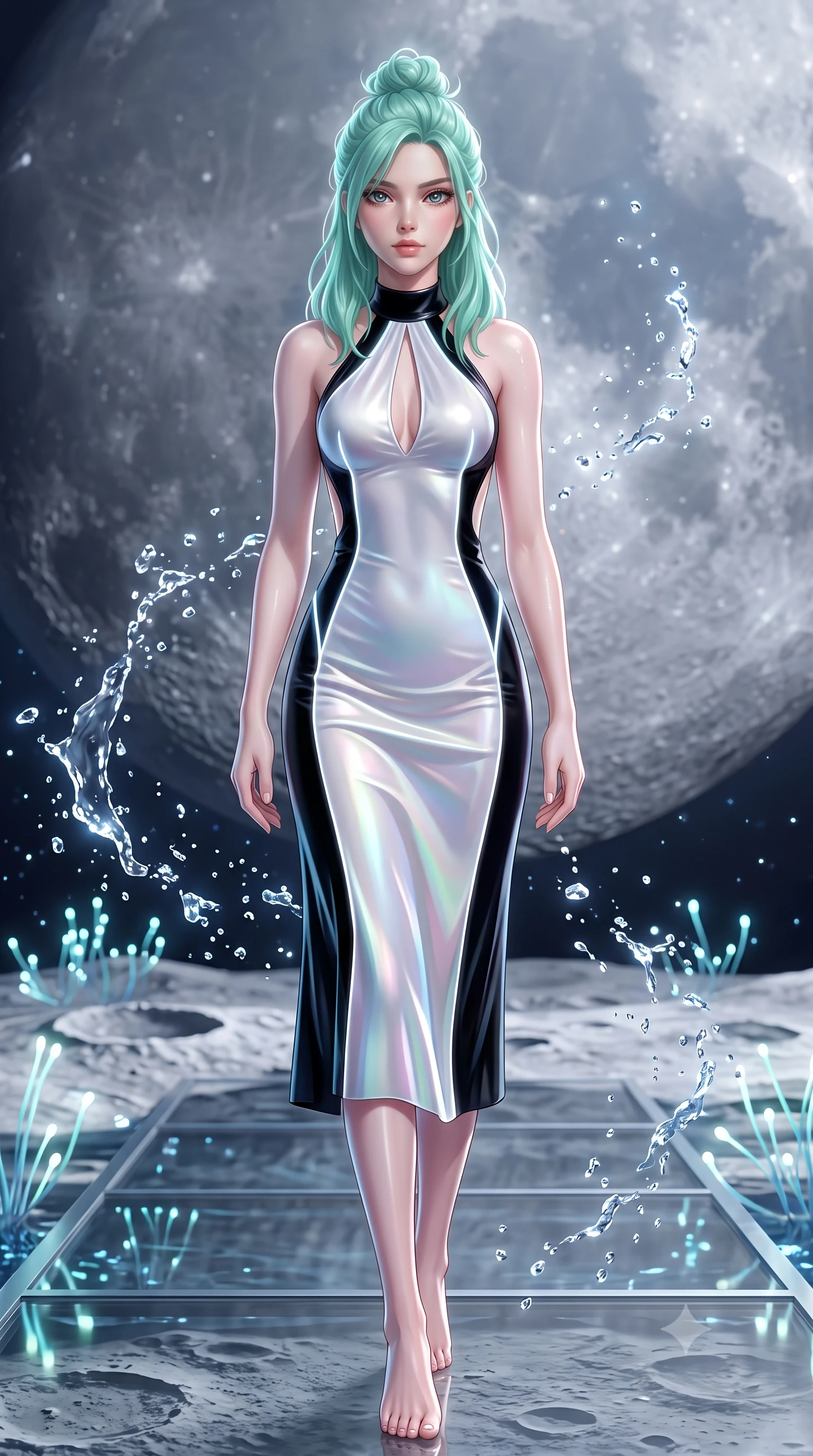 score_9, masterpiece, best quality, ultra-detailed, high-budget anime keyframe, semi-realistic 3D game render, editorial fashion photography, tasteful artistic composition, Japanese woman. low angle full-body shot from head to toe showing her feet, filling the entire 9:16 vertical frame with her statuesque presence, stretching her vertical silhouette. striding forward in a proud, statuesque motion with a dangerous smolder, her vertical silhouette dominating the frame from head to toe while arching her back in a fluid motion as luminous celestial water droplets splash in slow motion around her. The surrounding environment is rendered in vivid detail and crisp panoramic clarity. crisp lunar crater textures, glass walkway reflections, and glowing aquatic stamens in high resolution. She has an absolutely perfect, statuesque 8.5-heads proportion, an exceptionally tall and slender model-like female figure with impossibly long slender legs, a toned flat midriff, and an ultra-slim waist. sharp v-shaped jawline, high-bridge nose, intricate jewel-like eyes with depth, thick eyelashes, glossy lips with a natural sheen, flawlessly proportioned anatomical accuracy, strict slender model proportions, natural body alignment, perfectly sculpted long slender limbs, ultra-slim waistline, clean dynamic posture without body distortion. wearing a velvet halter-neck midi dress fitting her statuesque contour flawlessly with a Tasteful chest slit and open spine in high-gloss monochrome white and sharp black contrast, made of smooth iridescent silk chiffon that shifts colors with movement, accented with glowing fiber-optic seams tracing her collarbones and hip curves, the liquid-tight tailored fabric emphasizing every curve of her tall, slender model proportions and sculptured silhouette during dynamic movement. illuminated by soft glowing starlight fill and crisp specular highlights tracing her slender curves. highly saturated vibrant anime colors, detailed shading with soft gradients, rich glossy textures, high-contrast stereoscopic depth, volumetric dynamic lighting, master piece, 9:16 ratio
