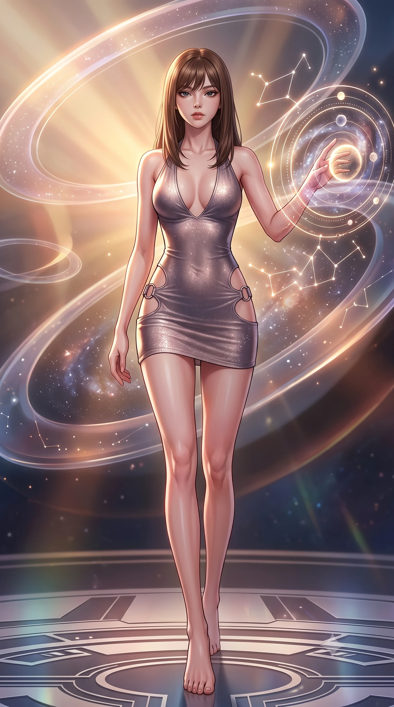 score_9, masterpiece, best quality, ultra-detailed, high-budget anime keyframe, editorial fashion photography, tasteful artistic composition, Korean woman. low angle full-body shot from head to toe showing her feet, filling the entire 9:16 vertical frame with her statuesque presence, stretching her vertical silhouette. stepping forward with proud posture, filling the vertical frame with her magnetic presence adjusting a luminous planetary orbital dial filled with galaxy dust, glowing constellation lines tracing intricate patterns nearby. She has an absolutely perfect, statuesque 8.5-heads proportion, an exceptionally tall and slender model-like female figure with impossibly long slender legs and an ultra-slim waist. sharp v-shaped jawline, high-bridge nose, intricate jewel-like eyes with depth, thick eyelashes, glossy lips with a natural sheen. wearing a deep-scoop halter neck bodycon dress with daring hip cutouts connected by silver rings, the glove-like fit emphasizing her statuesque silhouette. bathed in warm sunbursts filtering through floating orbital rings. highly saturated vibrant anime colors, detailed shading with soft gradients, rich glossy textures, high-contrast stereoscopic depth, volumetric dynamic lighting, master piece, 9:16 ratio