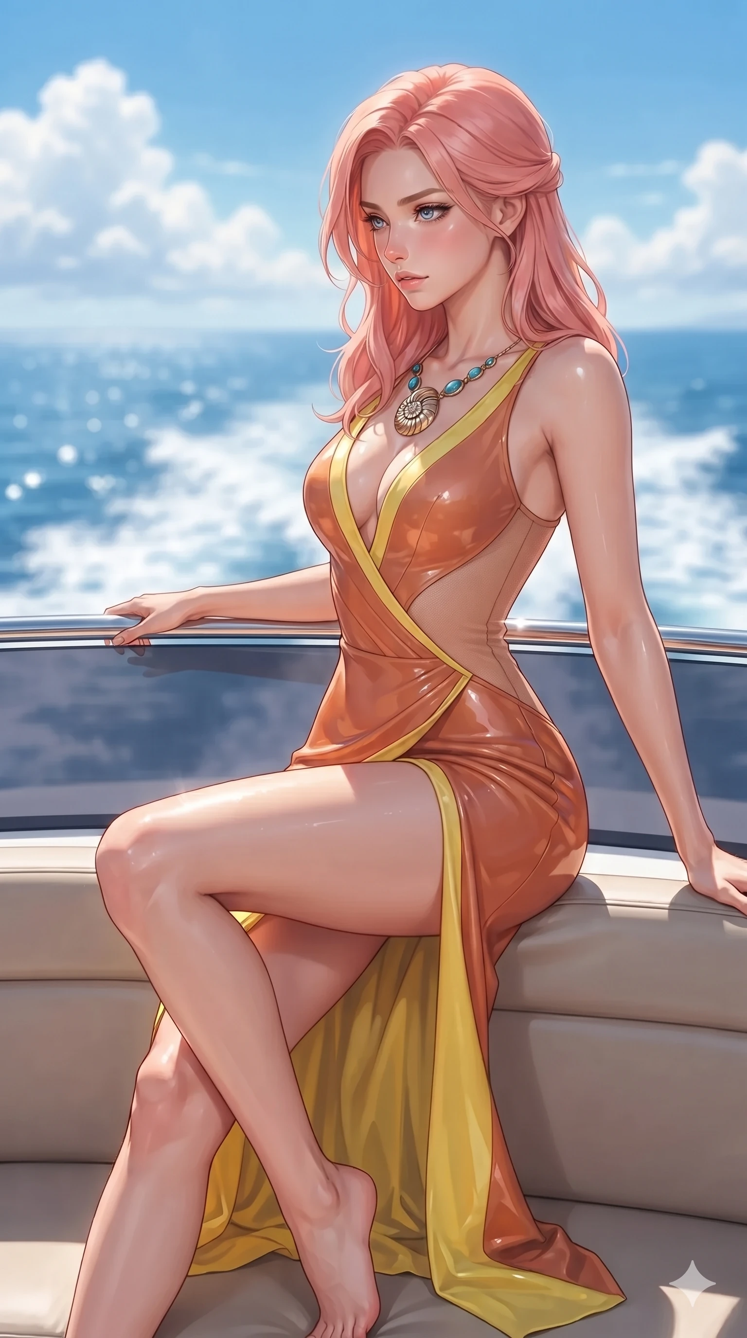 score_9, masterpiece, best quality, ultra-detailed, high-budget anime keyframe, editorial fashion photography, tasteful artistic composition, Japanese woman. close-up cowboy shot from the waist and thighs up, the character dominates the composition, filling the frame with her large presence. perched sideways on the lounge seat, one knee drawn up to showcase her slender leg line while her arched back accentuates her feminine hip curve while leaning forward over the tinted flying bridge windscreen with hips cocked back, gazing across the sparkling Mediterranean with an intoxicating smoldering gaze. The background shows a soft-focus endless 360-degree sapphire Mediterranean horizon, fluffy white trade-wind clouds, and yacht wake trail blurred into azure, diamond white, and cobalt bokeh. She has an exceptionally elegant, slender, and willowy female figure with an ultra-slim waist, flat toned midriff, narrow ribcage, and sculpted feminine hips creating an alluring, slim hourglass silhouette without bulk. sharp v-shaped jawline, high-bridge nose, sparkling eyes with hypnotic seductive depth, thick curled eyelashes, glossy parted lips with a natural dewy peach sheen, alluring bedroom-eyes with an enchanting coquettish smile, exuding magnetic siren charisma and sophisticated glamour, flawlessly proportioned anatomical accuracy, strict slender model proportions, natural body alignment, perfectly sculpted long slender limbs, ultra-slim waistline, clean dynamic posture without body distortion. wearing an alluring plunging sweetheart bodice dress with sheer mesh side-waist cutouts contouring her ribs in sun-kissed terracotta and Amalfi lemon yellow, tailored from second-skin technical compression neoprene with athletic curve-sculpting stretch, accented with an authentic engraved gold nautilus shell medallion and turquoise cabochons, the high-slit wrap tailoring accentuating her ultra-slim waistline and the enchanting curve of her feminine hips with alluring seductive charm. bathed in crisp, high-intensity Mediterranean midday sunlight with brilliant specular glints off polished chrome and dewy skin. ultra-reflective glossy finish, specular highlights, rich textural contrasts, high-contrast stereoscopic depth, volumetric dynamic lighting, 2k, ultra detail, master piece, 9:16 ratio