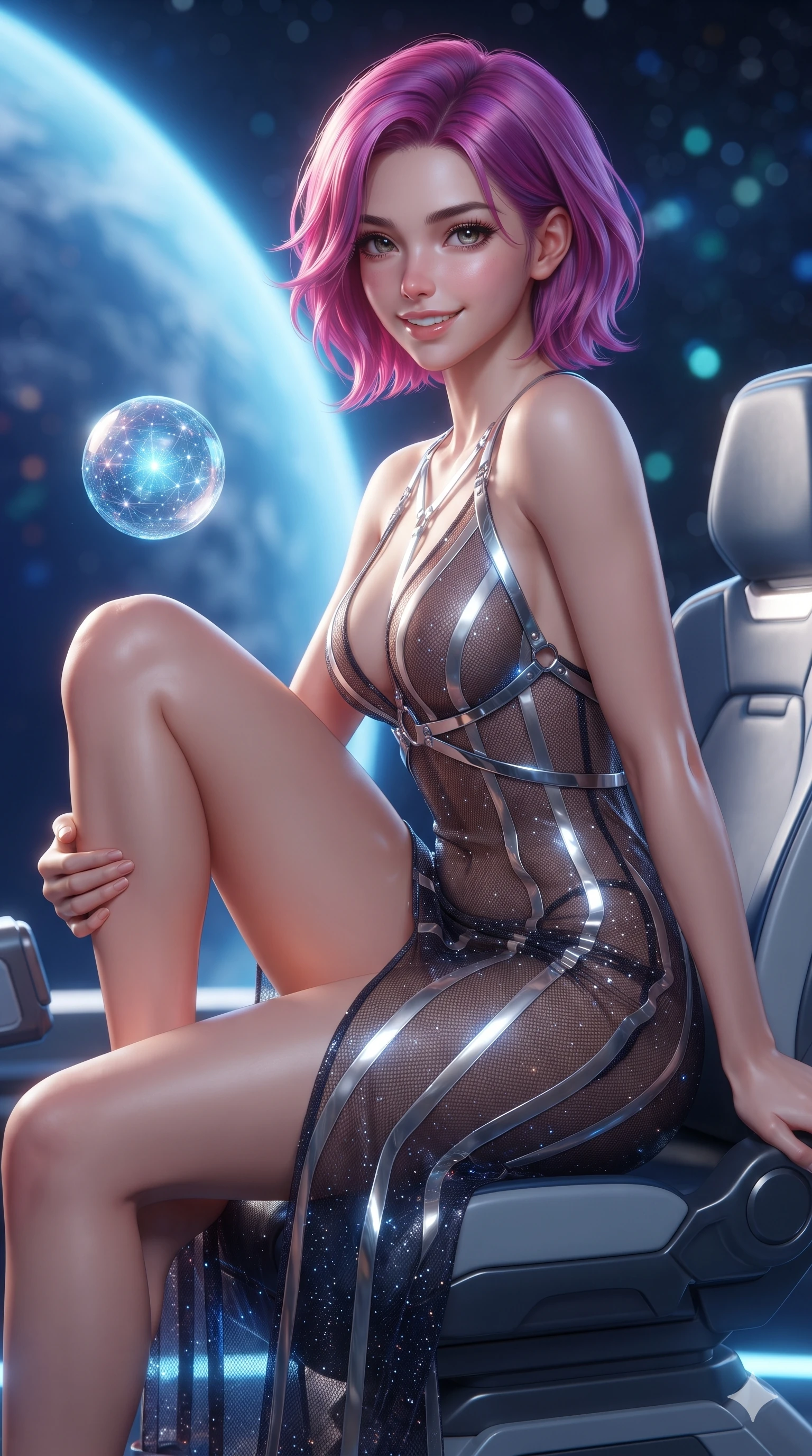 score_9, masterpiece, best quality, ultra-detailed, high-budget anime keyframe, editorial fashion photography, tasteful artistic composition, Caucasian woman. close-up cowboy shot from the waist and thighs up, the character dominates the composition, filling the frame with her large presence. perched sideways on the pilot seat, one knee drawn up to showcase her slender leg line while her arched back accentuates her feminine hip curve while twisting her slender torso in an alluring S-curve, brilliant blue earthlight and platinum ring reflections painting glowing highlights across her flat midriff and hourglass curves. The background shows a soft-focus curved blue planetary limb with glowing atmospheric rim, floating holographic star-globe sphere, and distant starfields blurred into sapphire, turquoise, and diamond bokeh. She has an exceptionally elegant, slender, and willowy female figure with an ultra-slim waist, flat toned midriff, narrow ribcage, and sculpted feminine hips creating an alluring, slim hourglass silhouette without bulk. sharp v-shaped jawline, high-bridge nose, intricate jewel-like sparkling eyes with depth, thick eyelashes, glossy parted lips with a natural sheen, bright confident smile with an enchanting and coquettish sensual glint, exuding both youthful magnetic charm and sovereign high-tech allure, flawlessly proportioned anatomical accuracy, strict slender model proportions, natural body alignment, perfectly sculpted long slender limbs, ultra-slim waistline, clean dynamic posture without body distortion. wearing a plunge-front sheer illusion technical mesh slip dress with liquid platinum ribbon stripes hugging her curves in cosmic eclipse amber and starlight diamond, made of delicate semi-sheer nanotech mesh with microscopic hexagonal weaves, accented with a chrome-drop body harness subtly framing her dewy collarbones and spine, the form-fitting tactical tailoring adhering flawlessly to her sculpted flat midriff and slender torso, emphasizing her long leg lines and perfectly proportioned willowy build. illuminated by deck bounce and sharp sapphire-platinum rim lights defining her razor-sharp jawline, narrow waist, and curvy hips. ultra-reflective glossy finish, specular highlights, rich textural contrasts, high-contrast stereoscopic depth, volumetric dynamic lighting, 2k, ultra detail, master piece, 9:16 ratio