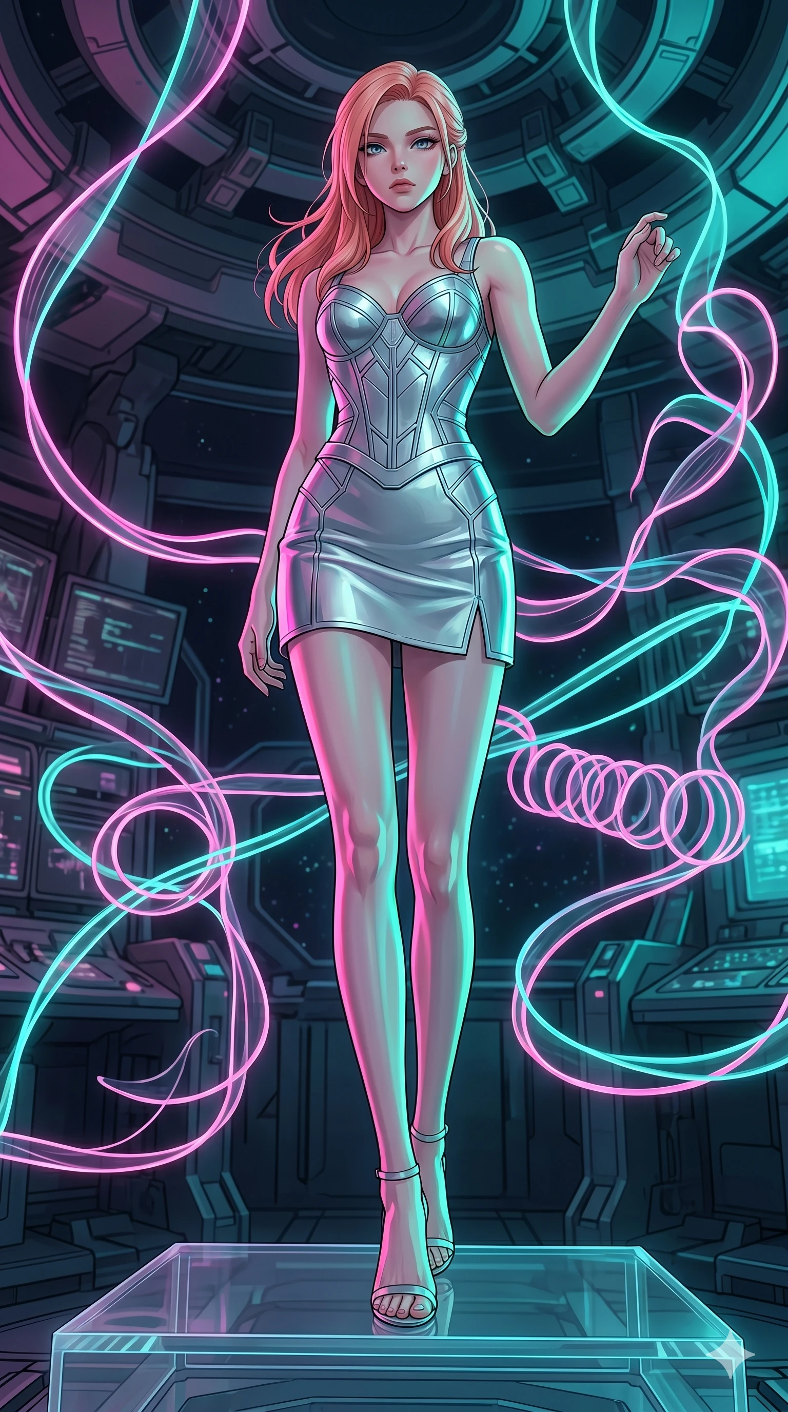 score_9, masterpiece, best quality, ultra-detailed, high-budget anime keyframe, editorial fashion photography, tasteful artistic composition, Japanese woman. low angle full-body shot from head to toe showing her feet, filling the entire 9:16 vertical frame with her statuesque presence, stretching her vertical silhouette. Descending like royalty with one hand trailing behind her within a chamber where sound waves are visible as floating neon ribbons of pink and teal. She has an absolutely perfect 8-heads proportion, an exceptionally tall and slender female figure with impossibly long slender legs and an ultra-slim waist. V-shaped jawline, high-bridge nose, intricate jewel-like eyes with depth, thick eyelashes, glossy lips with a natural sheen. wearing a structured silver bustier with geometric seams, paired with a matching silver mini-skirt with a small side slit. under intense neon teal and magenta split-lighting creating vivid chromatic contrast on her figure. 2k, ultra detail, master piece, 9:16 ratio