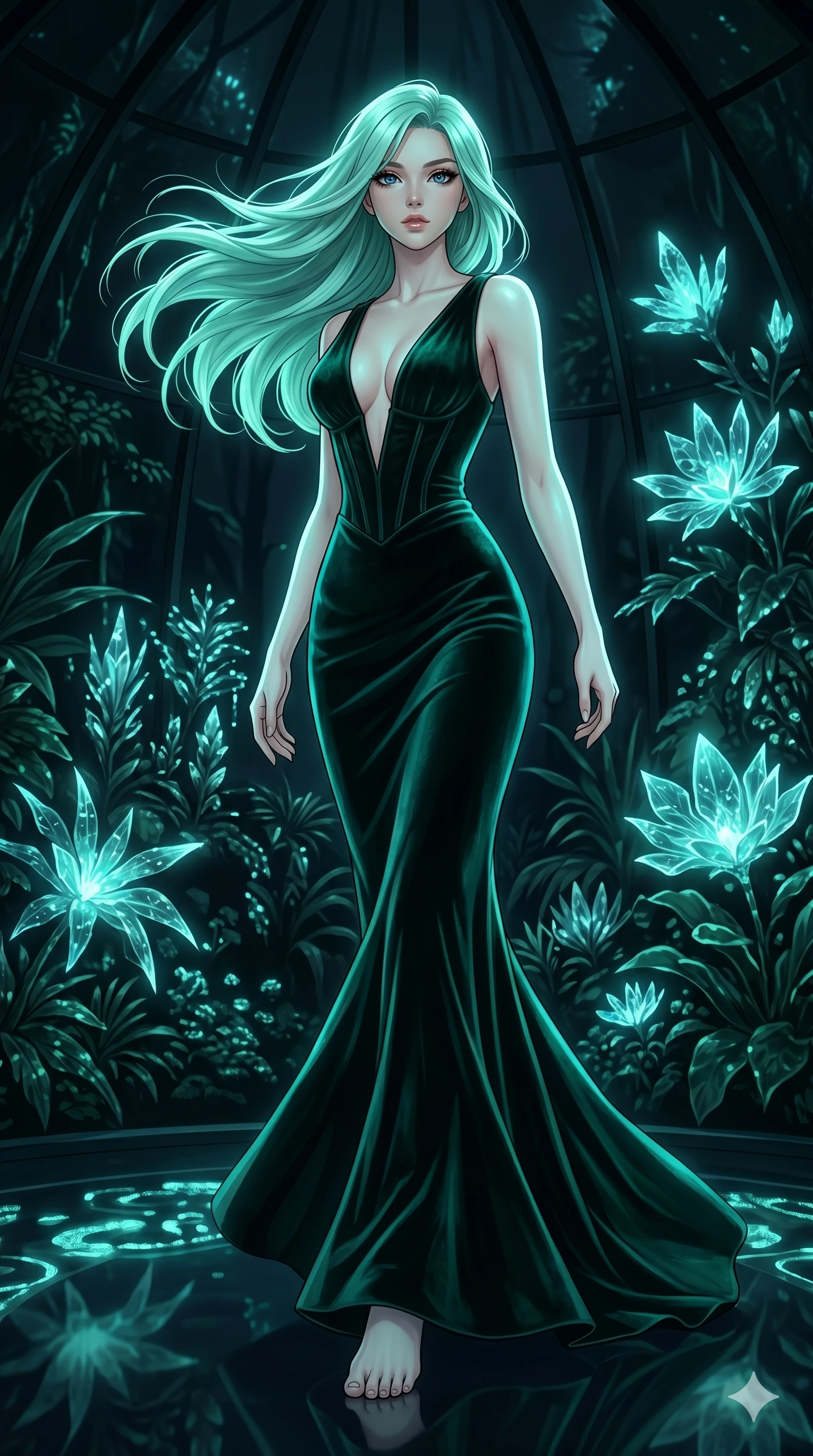 score_9, masterpiece, best quality, ultra-detailed, high-budget anime keyframe, editorial fashion photography, tasteful artistic composition, Japanese woman. low angle full-body shot from head to toe showing her feet, filling the entire 9:16 vertical frame with her statuesque presence, stretching her vertical silhouette. Pivoting sharply mid-step with hair sweeping dramatically behind within a prismatic rain-forest dome where bioluminescent plants pulse softly in the dark. She has an absolutely perfect 8-heads proportion, an exceptionally tall and slender female figure with impossibly long slender legs and an ultra-slim waist. V-shaped jawline, high-bridge nose, intricate jewel-like eyes with depth, thick eyelashes, glossy lips with a natural sheen. wearing a midnight emerald velvet form-contouring evening gown with a plunging V-neckline extending to the navel, a sculpted boned bodice, and a sleek floor-sweeping column silhouette. illuminated by soft aqua bioluminescent light that makes her skin luminously glow against the dark. 2k, ultra detail, master piece, 9:16 ratio