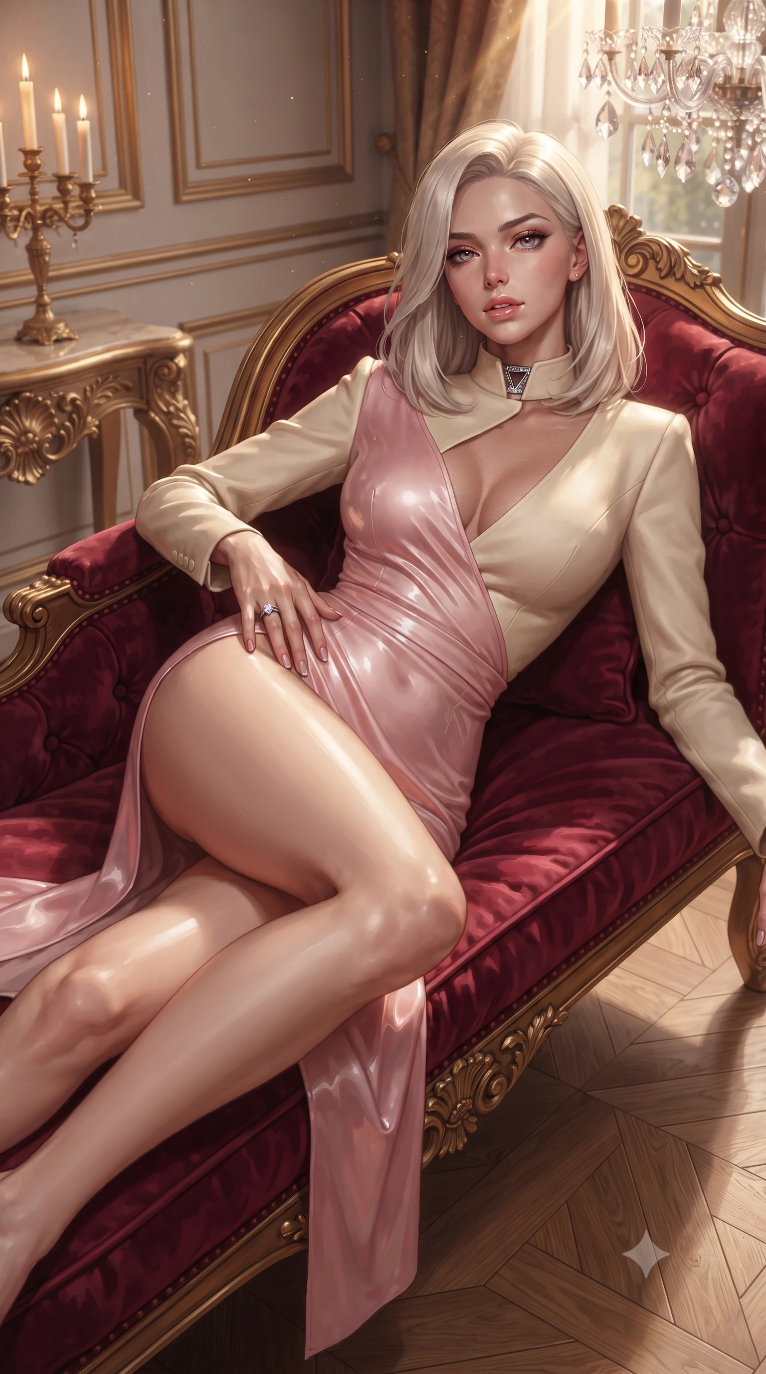 score_9, masterpiece, best quality, ultra-detailed, high-budget anime keyframe, editorial fashion photography, tasteful artistic composition, Caucasian woman. close-up cowboy shot from the waist and thighs up, the character dominates the composition, filling the frame with her large presence. resting one manicured hand delicately on her hip bone, her upper body turning in a fluid, seductive S-curve while parted lips glisten in the light while reclining languidly on a crimson velvet French court chaise longue, her slender waist and curved hips sculpted by warm candlelight and golden rays. The surrounding environment is rendered in vivid detail and crisp panoramic clarity. sharp chevron parquet oak grain, gilded acanthus leaf carvings, and cut-crystal chandelier facets in deep focus. She has an exceptionally elegant, slender, and willowy female figure with an ultra-slim waist, flat toned midriff, narrow ribcage, and sculpted feminine hips creating an alluring, slim hourglass silhouette without bulk. sharp v-shaped jawline, high-bridge nose, intricate jewel-like eyes with depth, thick eyelashes, glossy parted lips with a natural sheen, intensely captivating and seductive bedroom-eyes expression, flawlessly proportioned anatomical accuracy, strict slender model proportions, natural body alignment, perfectly sculpted long slender limbs, ultra-slim waistline, clean dynamic posture without body distortion. wearing a wet-look silk fusion wrap dress with asymmetrical sheer mesh cutouts and high Mandarin collar in sakura blossom pink and warm ivory, tailored from water-resistant treated wool gabardine and flexible stretch silk, complemented by a bold geometric choker and sparkling cocktail ring, the form-contouring material adhering flawlessly to her sculpted flat midriff and slender torso, emphasizing her long leg lines and perfectly proportioned willowy build. illuminated by warm crystal chandelier bounce light accentuating her graceful neck, narrow waist, and curvy hips. ultra-reflective glossy finish, specular highlights, rich textural contrasts, high-contrast stereoscopic depth, volumetric dynamic lighting, 2k, ultra detail, master piece, 9:16 ratio