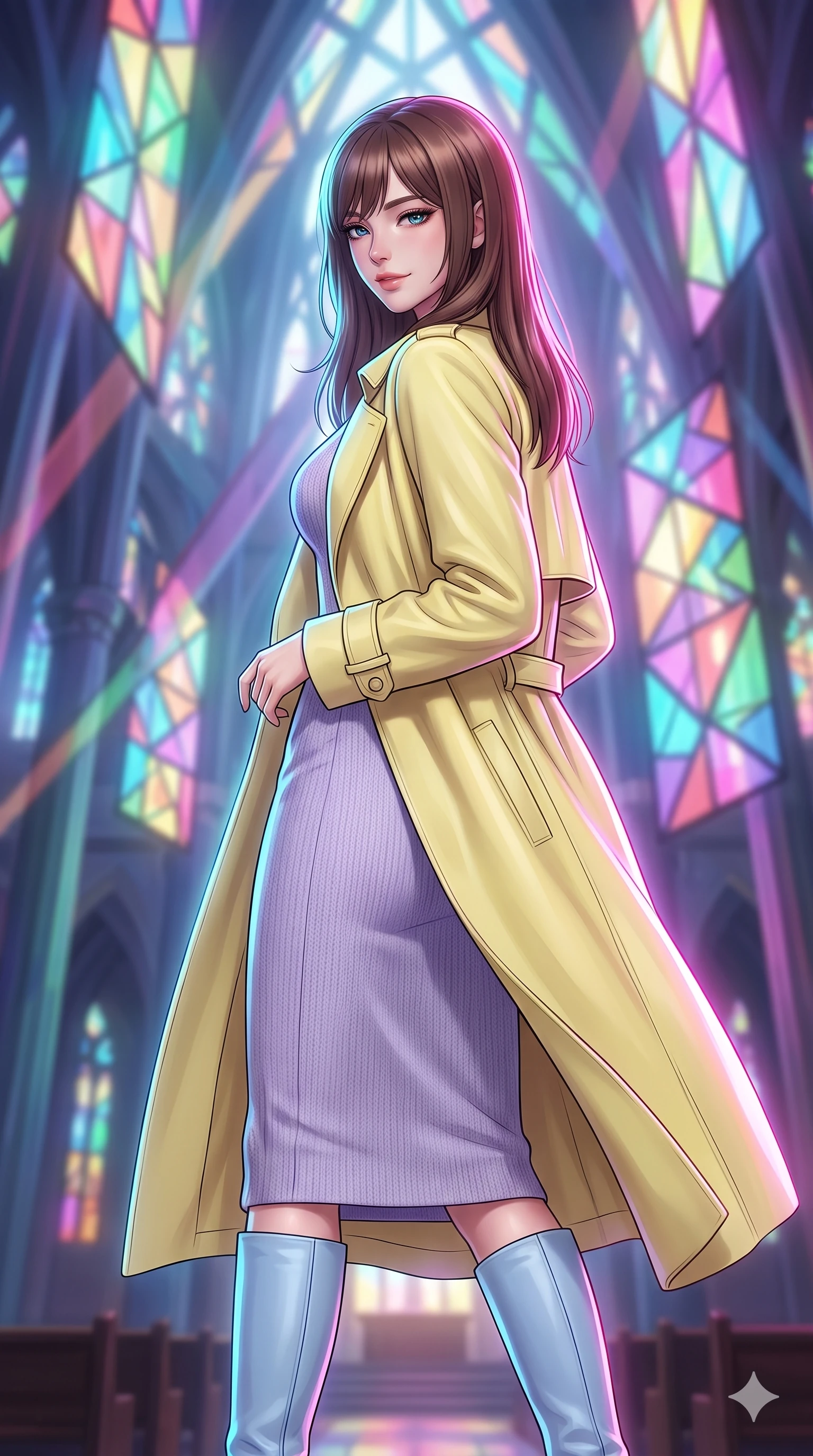 score_9, masterpiece, best quality, ultra-detailed, high-budget anime keyframe, editorial fashion photography, tasteful artistic composition, Korean woman. close-up cowboy shot from the waist and thighs up, the character dominates the composition, filling the frame with her large presence, background elements kept in soft focus. Glancing sidelong over her shoulder with a smoldering half-smile. set against a soft-focus background of a massive cathedral whose walls and vaulted ceiling are constructed entirely from intersecting beams of colored structured light forming geometric stained-glass patterns that hover without physical support. She has an exceptionally elegant and slender, willowy female figure with an ultra-slim waist, a gracefully sculpted slender torso, and a refined slim physique. sharp v-shaped jawline, high-bridge nose, intricate jewel-like eyes with depth, thick eyelashes, glossy lips with a natural sheen. wearing a structured pale lemon yellow trench coat over a lavender knit dress, styled with pastel blue knee-high leather boots. brilliant cinematic volumetric lighting with intense neon rim light outlining her form. 2k, ultra detail, master piece, 9:16 ratio