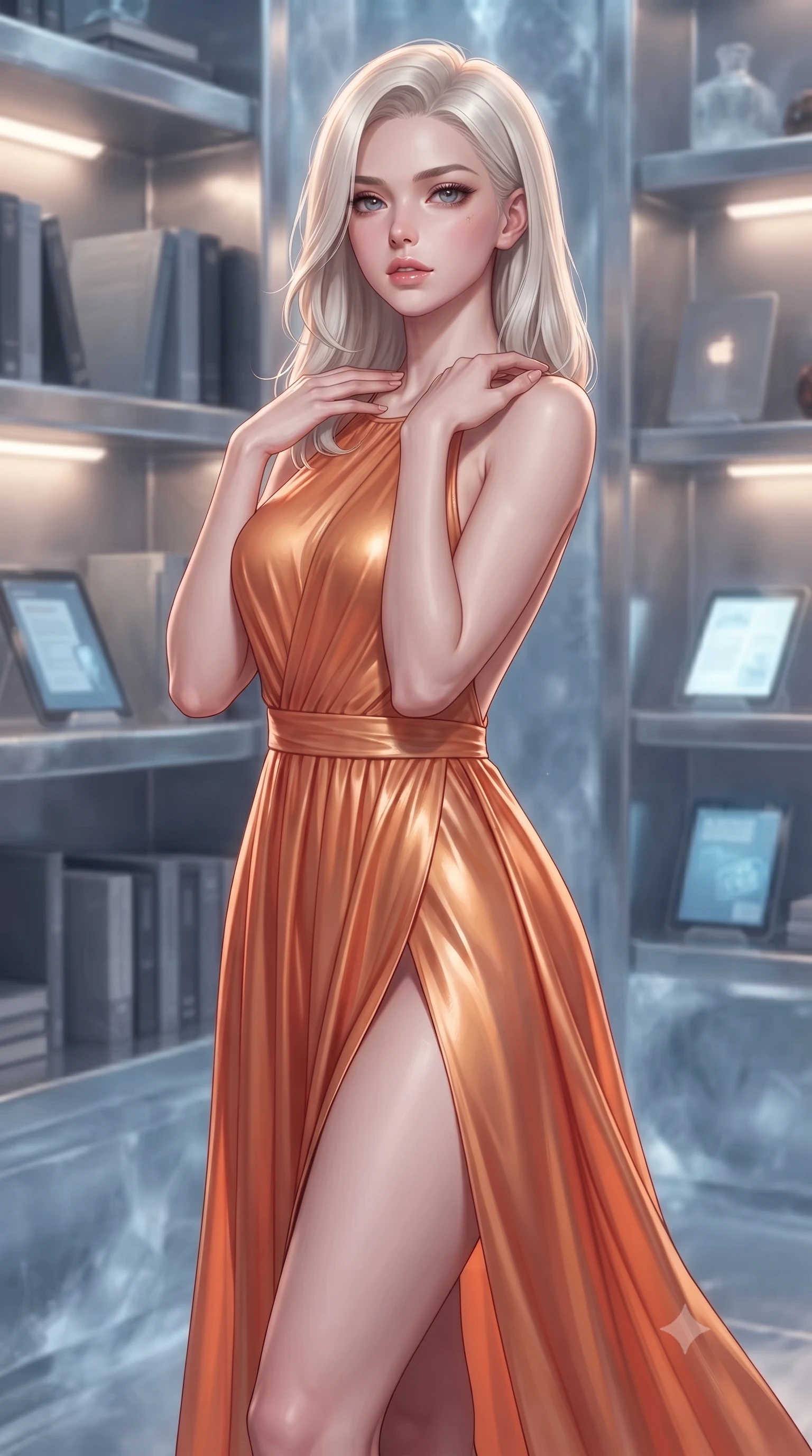 score_9, masterpiece, best quality, ultra-detailed, high-budget anime keyframe, editorial fashion photography, tasteful artistic composition, Caucasian woman. close-up cowboy shot from the waist and thighs up, the character dominates the composition, filling the frame with her large presence, background elements kept in soft focus. standing in a relaxed, elegant posture with both hands resting lightly on her collarbone, looking at the viewer with bedroom-eyes, the background shows a soft-focus an ice palace library with metal shelves, manuals, and tablets. She has an exceptionally elegant, slender, and willowy female figure with an ultra-slim waist, a gracefully sculpted slender torso, and a refined silhouette. sharp v-shaped jawline, high-bridge nose, intricate jewel-like eyes with depth, thick eyelashes, glossy lips with a natural sheen. wearing a tailored high-slit space combat gown in sunset orange chiffon, featuring a daring thigh-slit and an open-back design. soft warm reading lights creating a quiet, focused, and meditative mood. ultra-reflective glossy finish, specular highlights, metallic sheen, high-contrast stereoscopic depth, volumetric dynamic lighting, 2k, ultra detail, master piece, 9:16 ratio