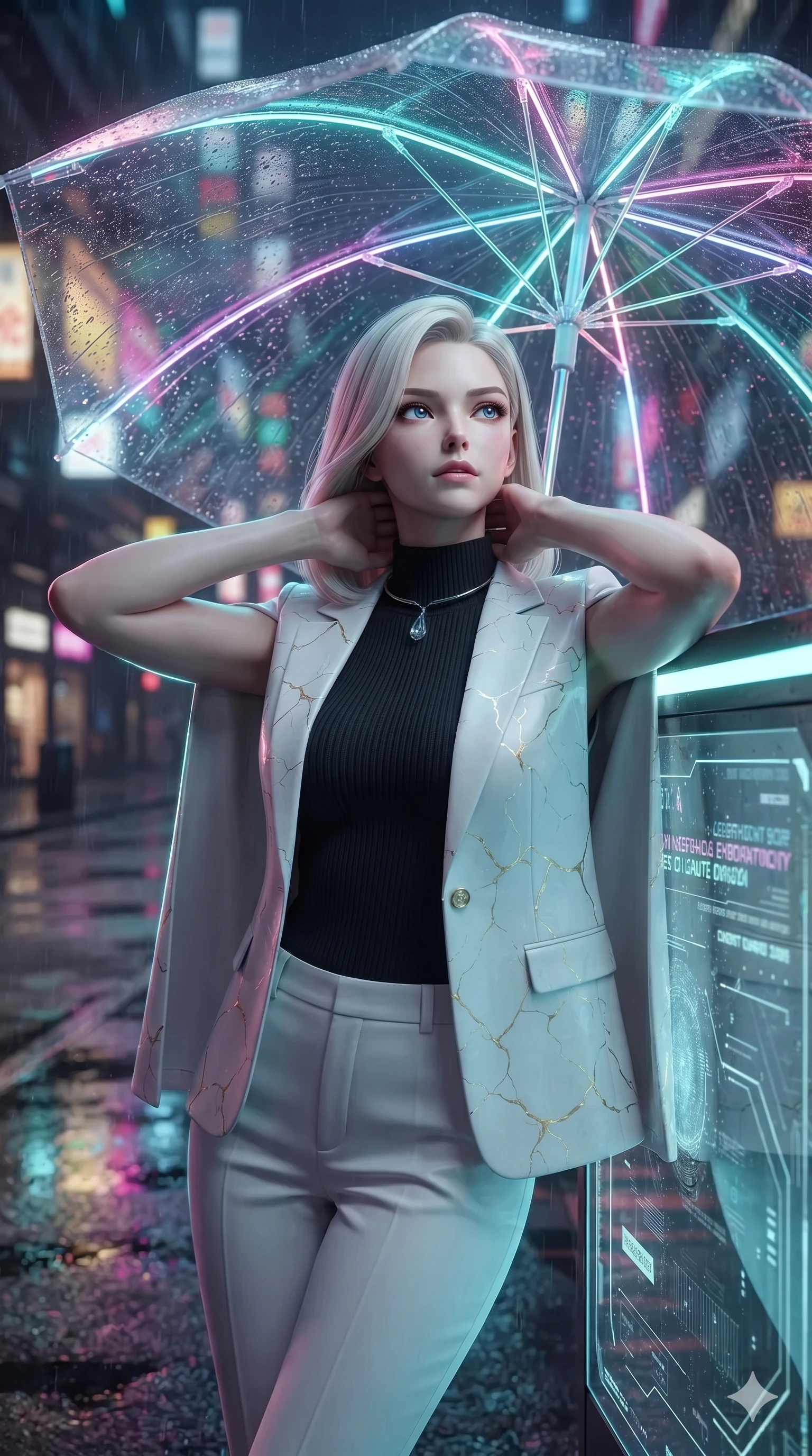 score_9, masterpiece, best quality, ultra-detailed, high-budget anime keyframe, editorial fashion photography, tasteful artistic composition, Caucasian woman. close-up cowboy shot from the waist and thighs up, the character dominates the composition, filling the frame with her large presence. resting both hands lightly behind her neck with elbows raised, arching her spine to highlight her narrow waist, flat midriff, and breathtaking collarbones while leaning against the glowing smart-glass kiosk with hips cocked back, gazing through the rain-streaked umbrella canopy with smoldering bedroom-eyes. The surrounding environment is rendered in vivid detail and crisp panoramic clarity: sharp wet asphalt paver reflections, luminous umbrella fiber-optic ribs, and razor-sharp holographic typography in deep focus. She has an exceptionally elegant, slender, and willowy female figure with an ultra-slim waist, flat toned midriff, narrow ribcage, and sculpted feminine hips creating an alluring, slim hourglass silhouette without bulk. sharp v-shaped jawline, high-bridge nose, intricate jewel-like sparkling eyes with depth, thick eyelashes, glossy parted lips with a natural peach sheen, bright cheerful beaming smile with an enchanting and coquettish sensual glint, exuding both youthful cute charm and seductive allure, flawlessly proportioned anatomical accuracy, strict slender model proportions, natural body alignment, perfectly sculpted long slender limbs, ultra-slim waistline, clean dynamic posture without body distortion. wearing a tailored cyber-haute couture cape blazer layered over a high-neck ribbed knit top and tailored trousers in Kintsugi celestial white porcelain and liquid gold, tailored from high-density tech-wool with subtle metallic thread weave, finished with a minimalist chrome choker and a single teardrop diamond pendant, the impeccably tailored cut draping gracefully along her slender figure with aristocratic poise. illuminated by wet asphalt reflection bounce and sharp laser-cyan rim lights sculpting her razor-sharp jawline, narrow waist, and curvy hips. ultra-reflective glossy finish, specular highlights, rich textural contrasts, high-contrast stereoscopic depth, volumetric dynamic lighting, 2k, ultra detail, master piece, 9:16 ratio