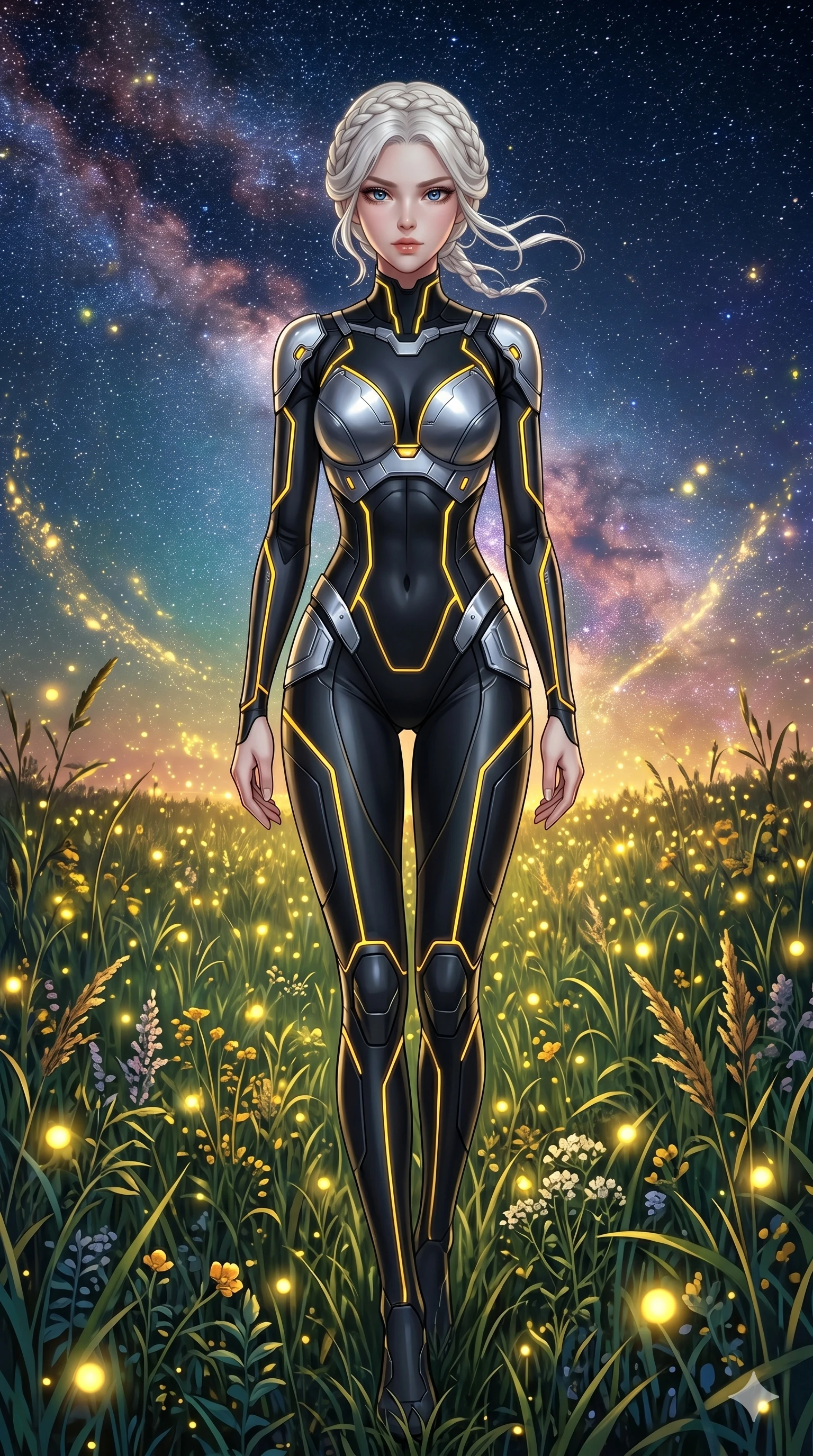 score_9, masterpiece, best quality, ultra-detailed, High-budget Anime Keyframe, beautiful Korean anime girl. Low angle cowboy shot filling the entire 9:16 frame with her statuesque presence. Walking through a field of tall grass that glows with thousands of golden fireflies at night. She has an absolutely perfect 8-heads proportion, an exceptionally tall and slender female figure with impossibly long slender legs and an ultra-slim waist. Sharp v-shaped jawline, high-bridge nose, intricate jewel-like eyes with depth, thick eyelashes, glossy lips with a natural sheen. Wearing a Tech-Fantasy outfit: black cybernetic bodysuit with glowing yellow seams and metallic silver plating. Background is a bright and colorful night meadow with a vibrant starry sky and golden light particles. 2k, ultra detail, master piece, 9:16 ratio