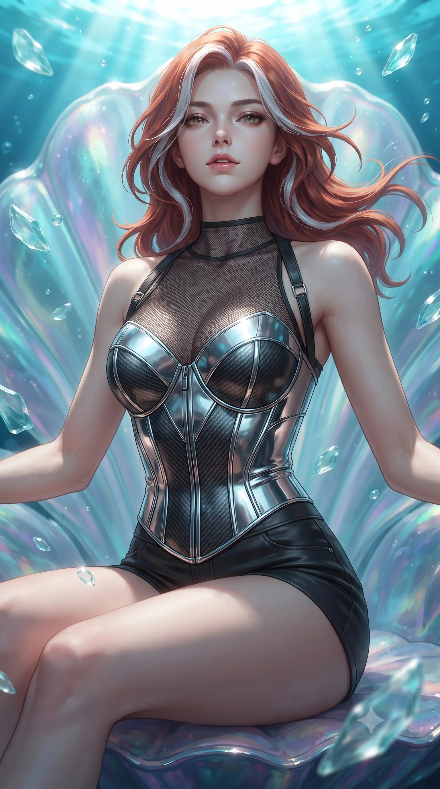 score_9, masterpiece, best quality, ultra-detailed, high-budget anime keyframe, editorial fashion photography, tasteful artistic composition, Caucasian woman. close-up cowboy shot from the waist and thighs up, the character dominates the composition, filling the frame with her large presence, background elements kept in soft focus. Tilting her chin up slightly with lips parted in a magnetic, composed expression poised on an abyssal prism shell throne bathed in sunlit ocean rays, translucent sea glass fragments drifting gracefully around her. She has an exceptionally elegant, slender, and willowy female figure with an ultra-slim waist, a gracefully sculpted slender torso, and a refined silhouette. sharp v-shaped jawline, high-bridge nose, intricate jewel-like eyes with depth, thick eyelashes, glossy lips with a natural sheen. wearing a chrome-plated structured bodice worn over a sheer mesh top and micro-shorts in matte black and polished silver, made of fine carbon-fiber weave and soft matte leather, complemented by criss-cross back straps highlighting her bare shoulders, the tailored fabric tightly following every curve of her athletic build. bathed in brilliant underwater sunbeams and soft turquoise caustic glow. ultra-reflective glossy finish, specular highlights, metallic sheen, high-contrast stereoscopic depth, volumetric dynamic lighting, 2k, ultra detail, master piece, 9:16 ratio
