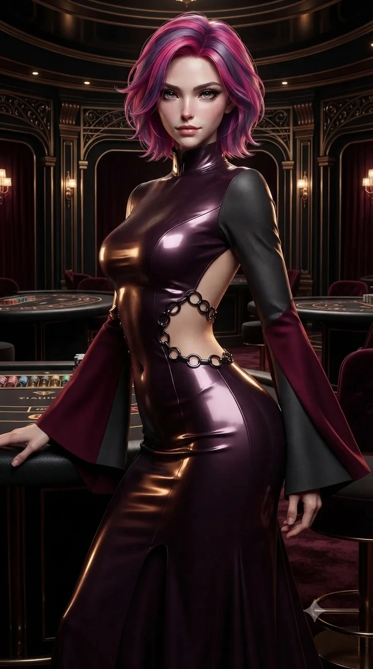 score_9, masterpiece, best quality, ultra-detailed, high-budget anime keyframe, editorial fashion photography, tasteful artistic composition, Caucasian woman. close-up cowboy shot from the waist and thighs up, the character dominates the composition, filling the frame with her large presence. twisting her slender torso in a deep contrapposto stance, hips dramatically shifted to accentuate her feminine curves while twisting her slender torso in an alluring contrapposto stance beside the titanium chip rack, warm amber pin-spots tracing her flat midriff and hips. The surrounding environment is rendered in vivid detail and crisp panoramic clarity: detailed backless liquid vinyl slip dress cling, sculpted chrome rings, and opulent private salon decor in razor-sharp precision. She has an exceptionally elegant, slender, and willowy female figure with an ultra-slim waist, flat toned midriff, narrow ribcage, and sculpted feminine hips creating an alluring, slim hourglass silhouette without bulk. sharp v-shaped jawline, high-bridge nose, intricate jewel-like dark sparkling eyes with hypnotic seductive depth, thick curled eyelashes, glossy parted lips with a natural wine sheen, alluring bedroom-eyes with an enigmatic smoldering smile, exuding magnetic sovereign charisma and dark avant-garde glamour, flawlessly proportioned anatomical accuracy, strict slender model proportions, natural body alignment, perfectly sculpted long slender limbs, ultra-slim waistline, clean dynamic posture without body distortion. wearing a gothic high-collar dark plum silk evening gown with long bell sleeves in deep crimson burgundy and matte charcoal, woven from bespoke high-density barathea wool with refined ceremonial hold, trimmed with dark chrome ring hardware along the waist contours, accentuating her gracefully sculpted slender torso and statuesque proportions. bathed in warm, focused pin-spot lighting over the black gaming tables contrasted with pitch-black intimate lounge shadows. ultra-reflective glossy finish, specular highlights, metallic sheen, high-contrast stereoscopic depth, volumetric dynamic lighting, 2k, ultra detail, master piece, 9:16 ratio