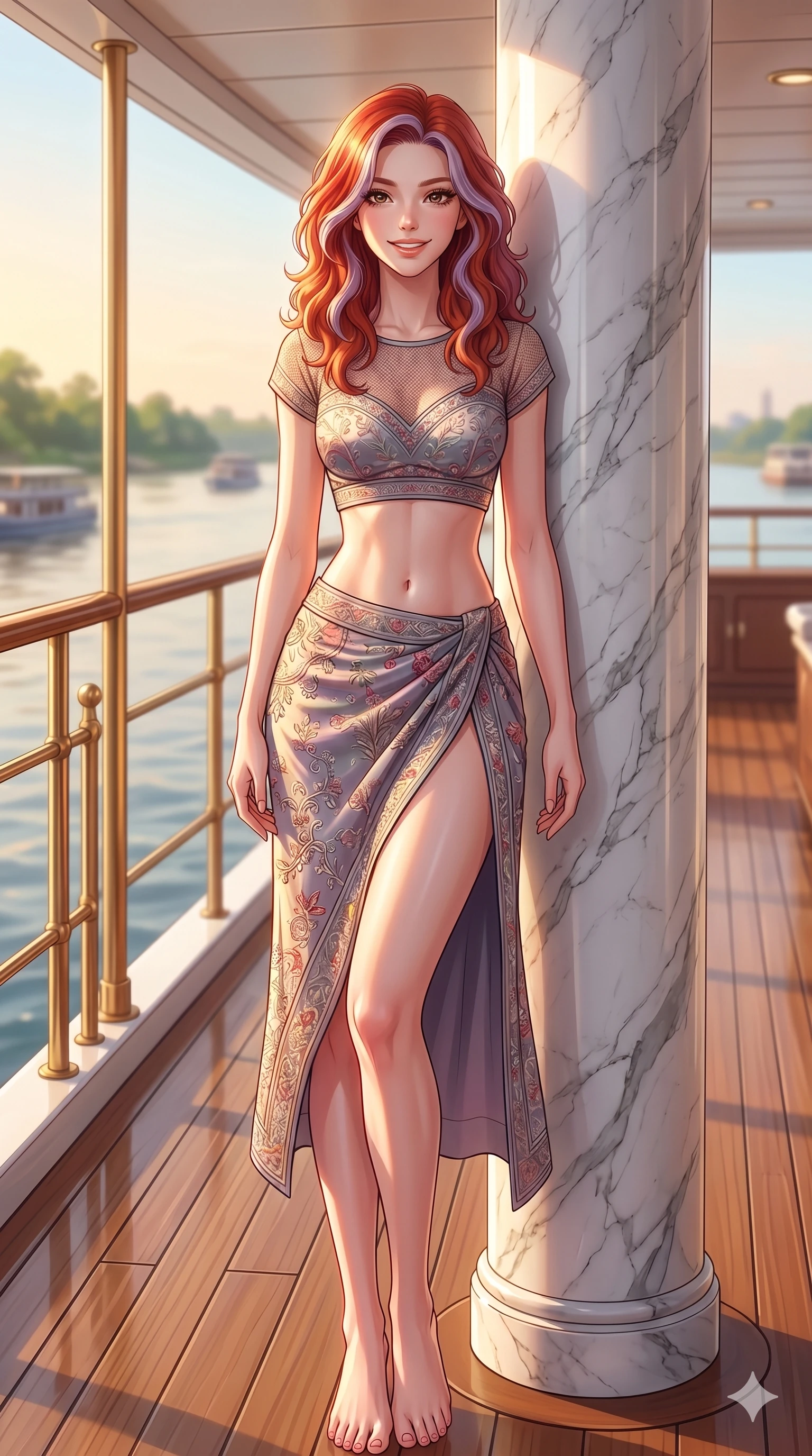 score_9, masterpiece, best quality, ultra-detailed, high-budget anime keyframe, vibrant anime aesthetic, Caucasian woman, strictly human ears. cowboy shot from the thighs up, character and outfit filling the frame for maximum presence. She is leaning against a marble pillar, casting a lively, smiling gaze at the lens on the deck of a luxury riverboat in the morning (Code-P20-088). She has an absolutely perfect 8-heads proportion, an exceptionally tall and slender female figure with impossibly long slender legs and an ultra-slim waist. V-shaped jawline, high-bridge nose, intricate jewel-like eyes with depth, thick eyelashes, glossy lips with a natural sheen. wearing a fusion top with an exposed waist and high-slit wrap skirt. She is bathed in a luminous, warm sunshine highlighting her sleek silhouette and features. 2k, ultra detail, master piece, 9:16 ratio
