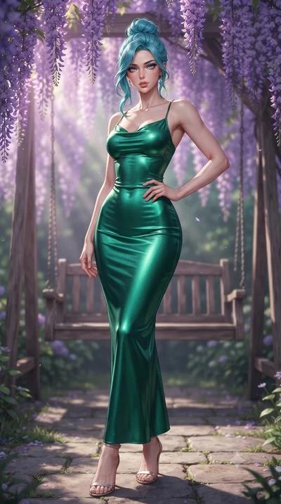 score_9, masterpiece, best quality, ultra-detailed, high-budget anime keyframe, editorial fashion photography, tasteful artistic composition, Japanese woman woman. low angle full-body shot from head to toe showing her feet, filling the entire 9:16 ve