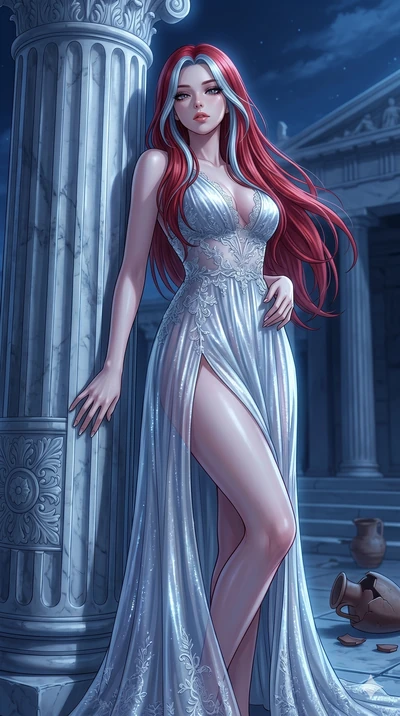 score_9, masterpiece, best quality, ultra-detailed, High-budget Anime Keyframe, East Asian woman. Low angle cowboy shot filling the entire 9:16 frame with her statuesque presence. Scenario 63: Leaning against a cold marble pillar in a moonlit greek t