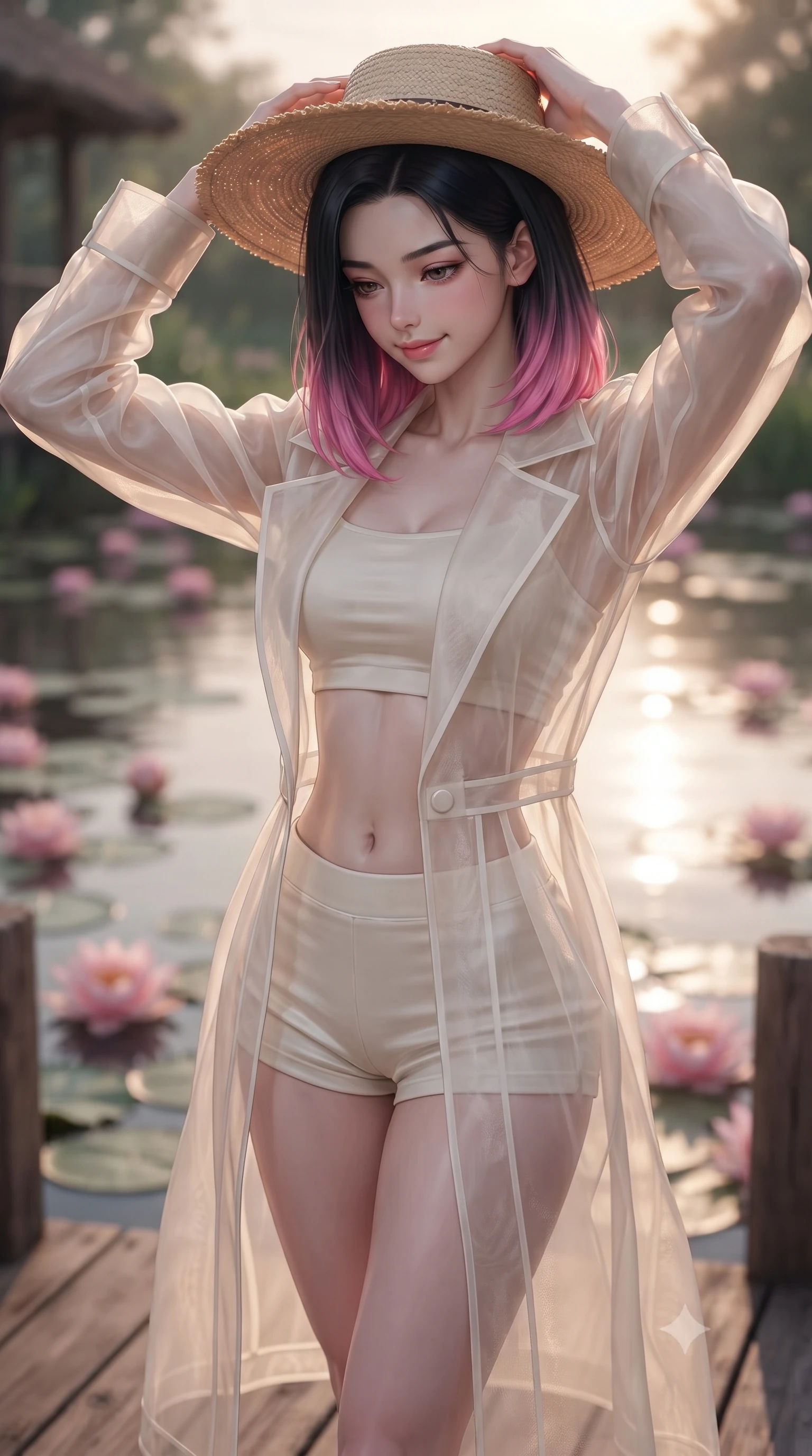 score_9, masterpiece, best quality, ultra-detailed, high-budget anime keyframe, editorial fashion photography, tasteful artistic composition, Korean woman woman. close-up cowboy shot from the waist and thighs up, the character dominates the composition, filling the frame with her large presence, background elements kept in soft focus. holding a wide-brimmed straw hat with both hands against the breeze, looking down with a soft smile the background shows a soft-focus a wooden deck overlooking a calm pond filled with blooming pink water lilies. She has an exceptionally elegant, slender, and willowy female figure with an ultra-slim waist, a gracefully sculpted slender torso, and a refined silhouette. sharp v-shaped jawline, high-bridge nose, intricate jewel-like eyes with depth, thick eyelashes, glossy lips with a natural sheen. wearing a body-hugging sheer organza long coat in ivory, worn over a crop top and micro-shorts. soft twilight glow reflecting on the still water surface. ultra-reflective glossy finish, specular highlights, metallic sheen, high-contrast stereoscopic depth, volumetric dynamic lighting, 2k, ultra detail, master piece, 9:16 ratio