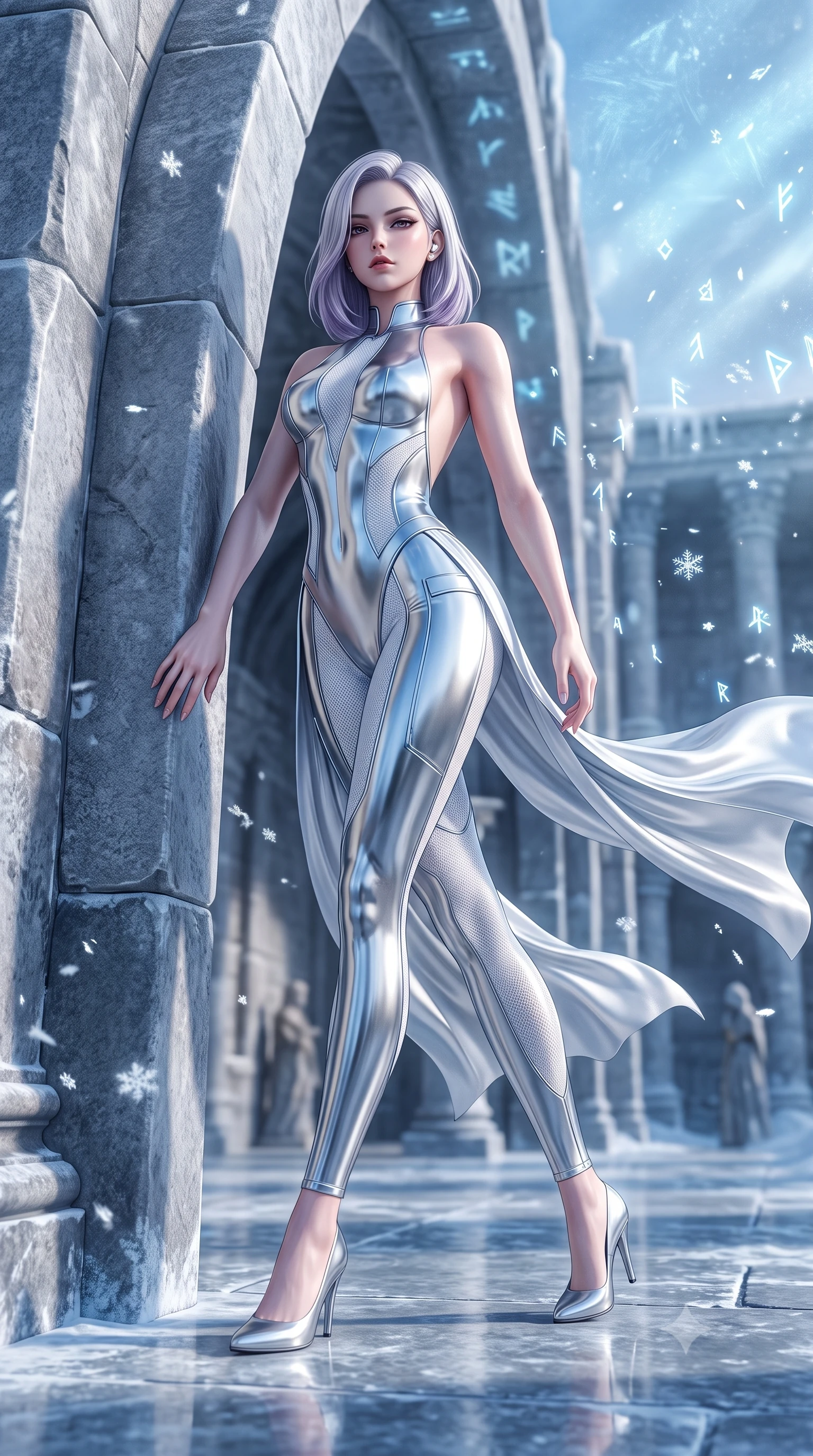 score_9, masterpiece, best quality, ultra-detailed, high-budget anime keyframe, semi-realistic 3D game render, editorial fashion photography, tasteful artistic composition, Caucasian woman. low angle full-body shot from head to toe showing her feet, filling the entire 9:16 vertical frame with her statuesque presence, stretching her vertical silhouette. leaning deep against the structural architecture with hips cocked in an unapologetically bold, seductive high-fashion stance while striding across the reflective frozen stone temple floor, hips swaying in an alluring rhythm as gale-force winds whip her silk drapery. The composition keeps background elements in soft focus with creamy bokeh. drifting frost crystal flakes and holographic rune glyphs scattering radiant celestial light motes. She has an absolutely perfect, statuesque 8.5-heads proportion, an exceptionally tall and slender model-like female figure with impossibly long slender legs, a toned flat midriff, an ultra-slim waist, and beautifully sculpted feminine hips. sharp v-shaped jawline, high-bridge nose, intricate jewel-like eyes with depth, thick eyelashes, glossy parted lips with a natural sheen, intensely captivating and seductive bedroom-eyes expression, flawlessly proportioned anatomical accuracy, strict slender model proportions, natural body alignment, perfectly sculpted long slender limbs, ultra-slim waistline, clean dynamic posture without body distortion. wearing an undercover operative tailored backless evening catsuit with concealed gadget pockets in polished chrome silver and arctic glacier white, made of breathable technical athletic mesh and liquid-finish track nylon, accessorized with a sleek concealed garter holster and pearl ear transmitter, the second-skin form-contouring cut accentuating her sculpted flat midriff, narrow waistline, and dramatically curvy hips without adding bulk. surrounded by an indomitable, lethal, and breathtakingly majestic cyber-valkyrie goddess aura. highly saturated vibrant anime colors, detailed shading with soft gradients, rich glossy textures, high-contrast stereoscopic depth, volumetric dynamic lighting, master piece, 9:16 ratio