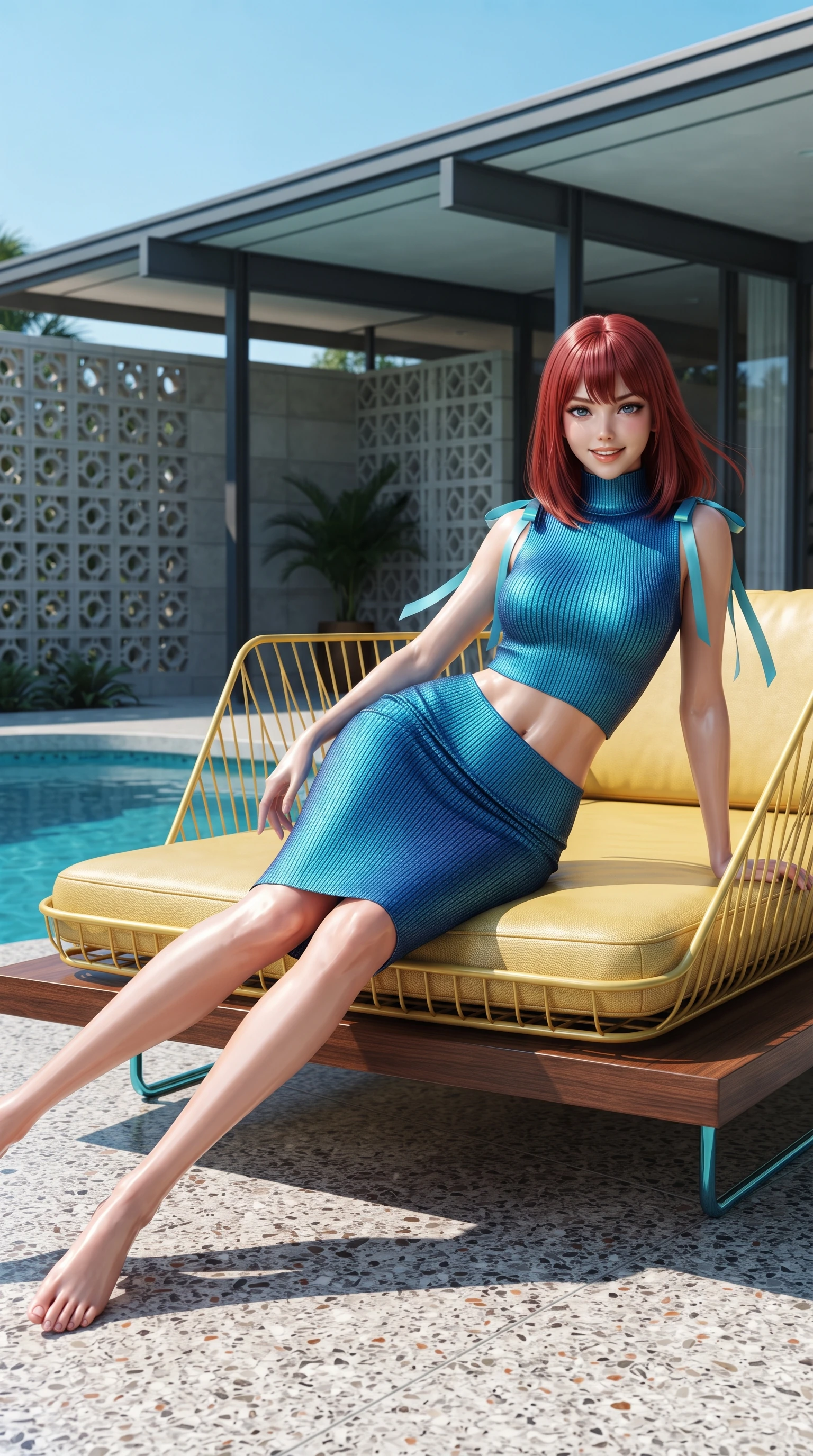 score_9, masterpiece, best quality, ultra-detailed, high-budget anime keyframe, editorial fashion photography, tasteful artistic composition, Caucasian woman. low angle full-body shot from head to toe showing her feet, filling the entire 9:16 vertical frame with her statuesque presence, stretching her vertical silhouette. lounging on the lavish daybed with legs crossed and hips angled toward the camera, displaying her toned midriff and long slender limbs with effortless siren poise while lounging gracefully across the vintage yellow wire lounge chair propped on one elbow with legs extended, displaying her long slender limbs and hourglass silhouette. The surrounding environment is rendered in vivid detail and crisp panoramic clarity: sharp post-and-beam steel rooflines, decorative concrete breeze-block geometric relief, and terrazzo floor aggregate chips in deep focus. She has an exceptionally tall and slender model-like 8.5-heads proportion, an ultra-slim waist, a flat toned midriff, narrow delicate ribcage, and beautifully sculpted feminine hips creating a graceful, slim hourglass silhouette without any bulky heaviness, with impossibly long slender legs. sharp v-shaped jawline, high-bridge nose, intricate jewel-like sparkling eyes with depth, thick eyelashes, glossy parted lips with a natural peach sheen, bright cheerful beaming smile with an enchanting and coquettish sensual glint, exuding both youthful cute charm and seductive allure, flawlessly proportioned anatomical accuracy, strict slender model proportions, natural body alignment, perfectly sculpted long slender limbs, ultra-slim waistline, clean dynamic posture without body distortion. wearing a form-fitting ribbed knit midi dress with high turtleneck hugging every contour of her hourglass frame in Singapore Marina Bay electric cyan and midnight sapphire, woven from buttery-soft stretch lambskin leather adhering to her body like a second skin, finished with satin ribbon ties at the shoulders fluttering in the gentle breeze, the second-skin tailored fabric adhering flawlessly to her sculpted flat midriff and slender torso, emphasizing her long leg lines and perfectly proportioned willowy build. illuminated by pool surface specular bounce and sharp gold-and-cyan dual rim lights sculpting her jawline, narrow waist, and curvy hips. ultra-reflective glossy finish, specular highlights, rich textural contrasts, high-contrast stereoscopic depth, volumetric dynamic lighting, 2k, ultra detail, master piece, 9:16 ratio