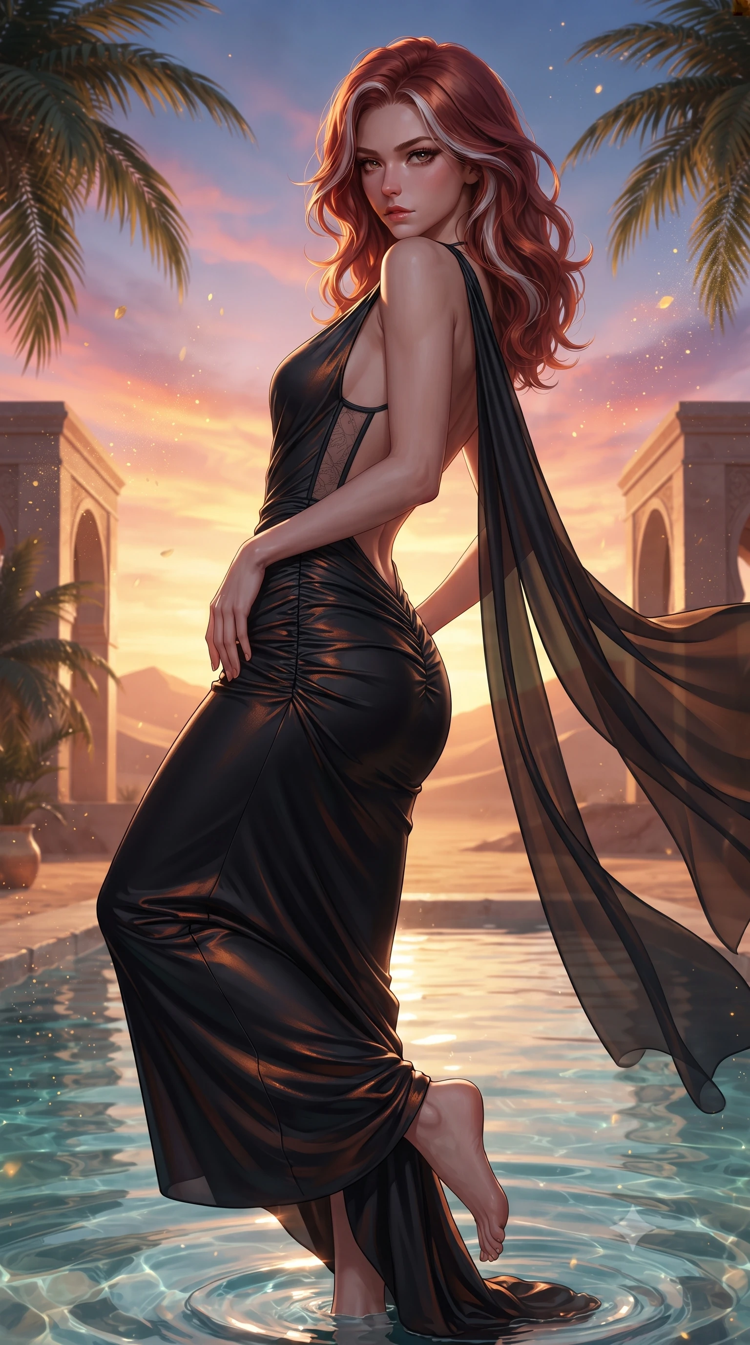 score_9, masterpiece, best quality, ultra-detailed, high-budget anime keyframe, editorial fashion photography, tasteful artistic composition, Caucasian woman. close-up cowboy shot from the waist and thighs up, the character dominates the composition, filling the frame with her large presence. arching her spine backward with effortless dancer poise, one hand sliding along her hip line as directional light carves specular highlights along her silhouette while dipping her toes into a crystal oasis pool before a mirrored desert palace, hips cocked back in a seductive S-curve as she looks over her shoulder. The surrounding environment is rendered in vivid detail and crisp panoramic clarity. detailed sunset horizon gradients, palm frond veins, and floating golden dust in high clarity. She has an exceptionally elegant, slender, and willowy female figure with an ultra-slim waist, a gracefully sculpted slender torso, toned flat midriff, and rounded feminine hips creating an alluring hourglass silhouette. sharp v-shaped jawline, high-bridge nose, intricate jewel-like eyes with depth, thick eyelashes, glossy parted lips with a natural sheen, intensely captivating and seductive bedroom-eyes expression, flawlessly proportioned anatomical accuracy, strict slender model proportions, natural body alignment, perfectly sculpted long slender limbs, ultra-slim waistline, clean dynamic posture without body distortion. wearing a backless draped silk jersey column gown with molten copper sheen and hip-accentuating ruching in deep obsidian black and metallic gold accents, tailored from fluid silk crepe with delicate inner corsetry boning, finished with sheer floating train panels fluttering behind her in the desert breeze, the precision-cut side openings and low-back scoop framing her graceful spine and the sensual sweep of her hips. illuminated by dramatic low-angle sun rays defining her razor-sharp jawline, narrow waist, and curvy hips. ultra-reflective glossy finish, specular highlights, rich textural contrasts, high-contrast stereoscopic depth, volumetric dynamic lighting, 2k, ultra detail, master piece, 9:16 ratio