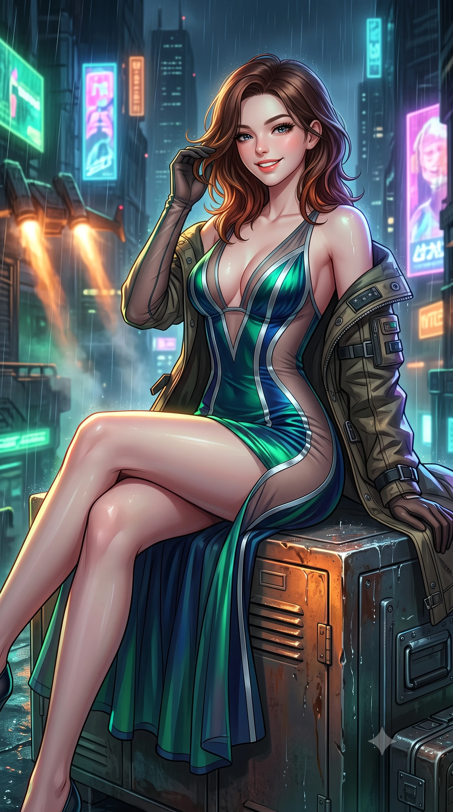 score_9, masterpiece, best quality, ultra-detailed, high-budget anime keyframe, semi-realistic 3D game render, editorial fashion photography, tasteful artistic composition, Korean woman. close-up cowboy shot from the waist and thighs up, the character dominates the composition, filling the frame with her large presence. gently brushing a lock of hair behind her ear while casting a playful, flirtatious side-gaze with long eyelashes while lounging gracefully on the heated steel equipment locker with legs extended, displaying her long slender legs and statuesque hourglass silhouette amid rain-slicked neon. The surrounding environment is rendered in vivid detail and crisp panoramic clarity: detailed tactical combat coat, crisp anime linework, and dense futuristic megalopolis architecture in high resolution. She has an exceptionally elegant, slender, and willowy female figure with an ultra-slim waist, flat toned midriff, narrow ribcage, and sculpted feminine hips creating an alluring, slim hourglass silhouette without bulk. sharp v-shaped jawline, high-bridge nose, intricate jewel-like sparkling eyes with depth, thick eyelashes, glossy parted lips with a natural peach sheen, bright cheerful beaming smile with an enchanting and coquettish sensual glint, exuding both youthful cute charm and seductive allure, flawlessly proportioned anatomical accuracy, strict slender model proportions, natural body alignment, perfectly sculpted long slender limbs, ultra-slim waistline, clean dynamic posture without body distortion. wearing a plunge-front sheer illusion tulle combat slip dress with liquid platinum ribbon stripes hugging her curves in bioluminescent emerald and abyssal sapphire, featuring strategic sheer-illusion tulle side panels framing her ribcage and hips, complemented by sheer opera-length evening gloves tracing her slender arms, the precision-cut side openings and low-back scoop framing her graceful spine and the sensual sweep of her slim, toned hips. bathed in the multi-hued ambient neon glow of towering holographic billboards mixed with warm orange VTOL engine exhausts. highly saturated vibrant anime colors, detailed shading with soft gradients, rich glossy textures, high-contrast stereoscopic depth, volumetric dynamic lighting, master piece, 9:16 ratio