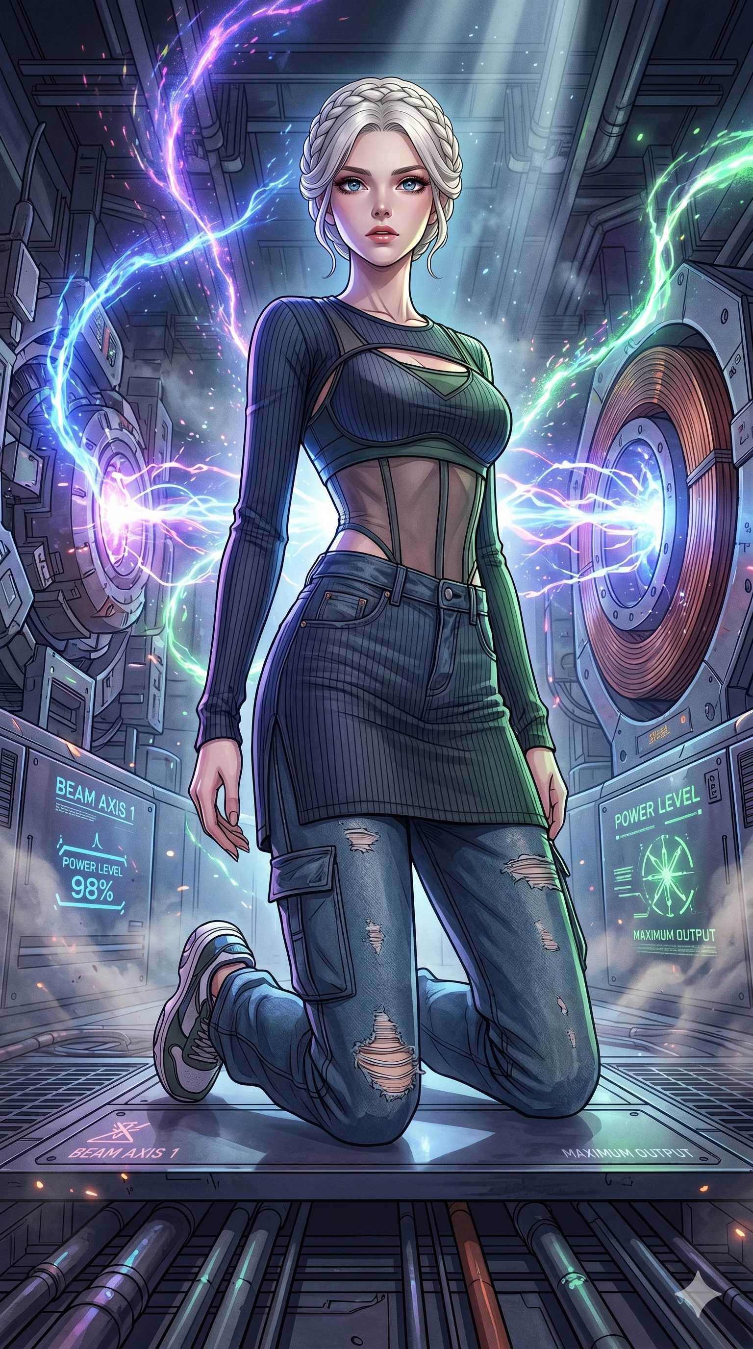 score_9, masterpiece, best quality, ultra-detailed, high-budget anime movie keyframe, cinematic anime lighting, intricate line art, Korean woman. Dynamic full-body shot stretching the vertical silhouette with extreme perspective. kneeling in the center of a particle accelerator as it reaches peak power. She has an absolutely perfect 8-heads proportion, an exceptionally tall and slender female figure with an ultra-slim waist and impossibly long slender legs. strictly human anatomy, two legs only, no extra limbs, clearly defined legs and arms, perfect anatomy, perfect hands and fingers. sharp v-shaped jawline, high-bridge nose, intricate jewel-like eyes, thick eyelashes, glossy lips. Wearing Urban Trendsetter: Ribbed bodycon dress, crop top with high-waist denim, and sheer corset with cargo pants. The scene is illuminated by dramatic atmospheric lighting and vibrant color palettes. , 2k, ultra detail, master piece, 9:16 ratio