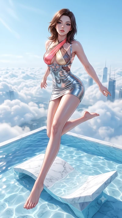 score_9, masterpiece, best quality, ultra-detailed, high-budget anime keyframe, semi-realistic 3D game render, editorial fashion photography, tasteful artistic composition, Korean woman. low angle full-body shot from head to toe showing her feet, fil