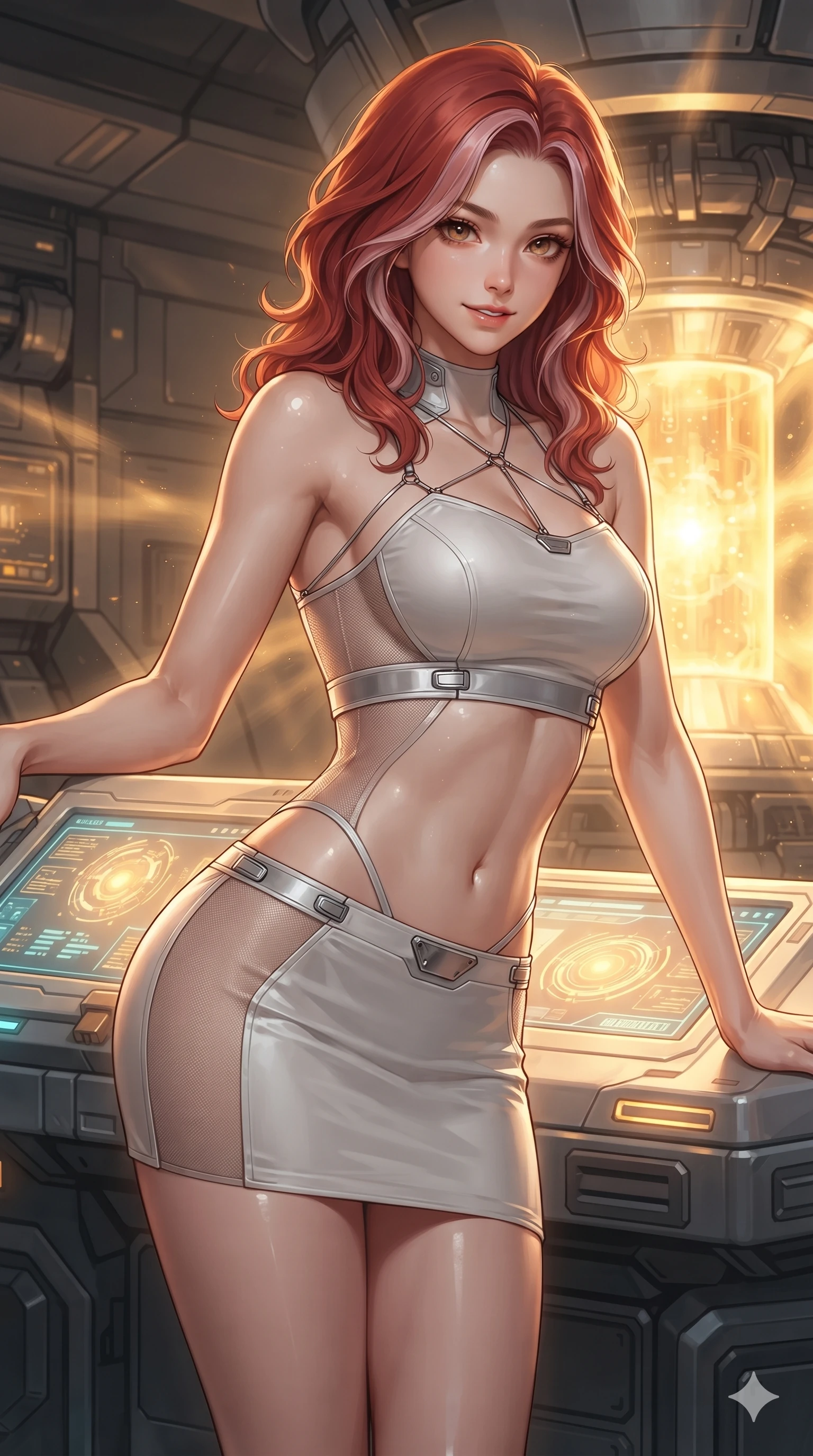 score_9, masterpiece, best quality, ultra-detailed, high-budget anime keyframe, editorial fashion photography, tasteful artistic composition, Caucasian woman. close-up cowboy shot from the waist and thighs up, the character dominates the composition, filling the frame with her large presence. twisting her slender torso in an alluring S-curve, dynamic rim light painting her narrow waist and curvy hips in fire while leaning against the glowing diagnostic terminal console with hips cocked back, gazing through shimmering amber heat haze with intoxicating bedroom-eyes. The surrounding environment is rendered in vivid detail and crisp panoramic clarity: intricate ballistic microfiber weave, metallic armor clasps, and high-tech reactor machinery in razor-sharp clarity. She has an exceptionally elegant, slender, and willowy female figure with an ultra-slim waist, flat toned midriff, narrow ribcage, and sculpted feminine hips creating an alluring, slim hourglass silhouette without bulk. sharp v-shaped jawline, high-bridge nose, intricate jewel-like sparkling eyes with depth, thick eyelashes, glossy parted lips with a natural sheen, bright confident smile with an enchanting and coquettish sensual glint, exuding both youthful magnetic charm and sovereign high-tech allure, flawlessly proportioned anatomical accuracy, strict slender model proportions, natural body alignment, perfectly sculpted long slender limbs, ultra-slim waistline, clean dynamic posture without body distortion. wearing a body-hugging modern carbon-alloy crop top paired with a low-rise tactical skirt and a subtle waist cut-out in pure alabaster white and brushed silver accents, featuring strategic sheer-illusion tulle side panels framing her ribcage and hips, accented with a chrome-drop body harness subtly framing her dewy collarbones and spine, the precision-cut side openings and low-back scoop framing her graceful spine and the sensual sweep of her slim, toned hips. bathed in the blinding warm golden radiance of the magnetic fusion core with dynamic volumetric heat shimmers. ultra-reflective glossy finish, specular highlights, rich textural contrasts, high-contrast stereoscopic depth, volumetric dynamic lighting, 2k, ultra detail, master piece, 9:16 ratio
