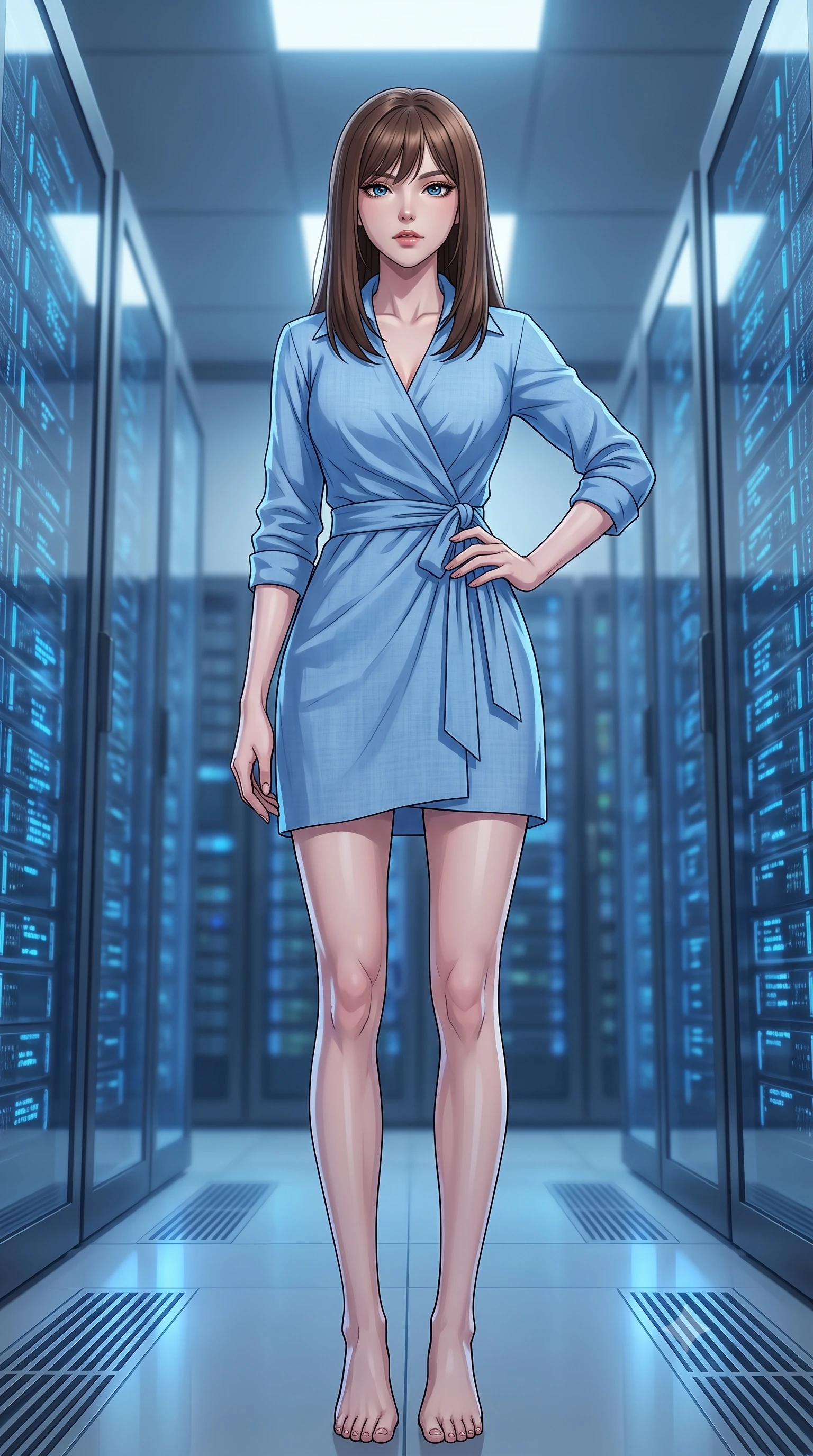 score_9, masterpiece, best quality, ultra-detailed, high-budget anime keyframe, tasteful artistic composition, Korean woman. low angle full-body shot from head to toe showing her feet, filling the entire 9:16 vertical frame with her statuesque presence, stretching her vertical silhouette. posing confidently with one hand on her hip, stretching her statuesque body to emphasize her curves the background shows a soft-focus a secret database archives room with pulsing blue floor lights and glass servers. She has an absolutely perfect, statuesque 8.5-heads proportion, an exceptionally tall and slender model-like female figure with impossibly long slender legs and an ultra-slim waist. sharp v-shaped jawline, high-bridge nose, intricate jewel-like eyes with depth, thick eyelashes, glossy lips with a natural sheen. wearing a body-hugging classic linen wrap shirt dress in sky blue with a structured collar and waist tie. soft blue uplighting reflecting off her polished silhouette. highly saturated vibrant anime colors, cel-shading, 2d style, master piece, 9:16 ratio