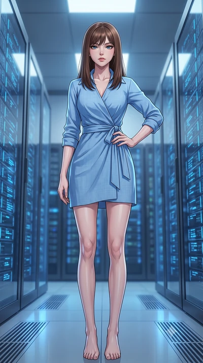 score_9, masterpiece, best quality, ultra-detailed, high-budget anime keyframe, tasteful artistic composition, Korean woman. low angle full-body shot from head to toe showing her feet, filling the entire 9:16 vertical frame with her statuesque presen