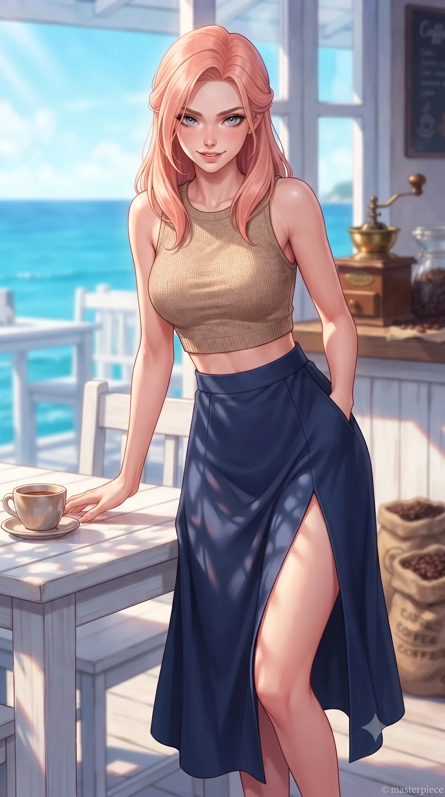 score_9, masterpiece, best quality, ultra-detailed, high-budget anime keyframe, editorial fashion photography, tasteful artistic composition, Japanese woman. close-up cowboy shot from the waist and thighs up, the character dominates the composition, filling the frame with her large presence, background elements kept in soft focus. leaning slightly forward with a playful, sultry smile that holds direct, intense eye contact set against a soft-focus background of at a seaside cafe deck with white wooden tables and views of the blue water with a vintage coffee grinder and bags of coffee beans on the counter behind her. She has an exceptionally elegant, slender, and willowy female figure with an ultra-slim waist, a gracefully sculpted slender torso, and a refined silhouette. sharp v-shaped jawline, high-bridge nose, intricate jewel-like eyes with depth, thick eyelashes, glossy lips with a natural sheen. wearing tailored crop top in oatmeal knit paired with a flowy midi skirt featuring a high side slit. soft afternoon sunlight casting shadows of window panes on the wooden table. highly saturated vibrant anime colors, detailed shading with soft gradients, rich glossy textures, high-contrast stereoscopic depth, volumetric dynamic lighting, master piece, 9:16 ratio
