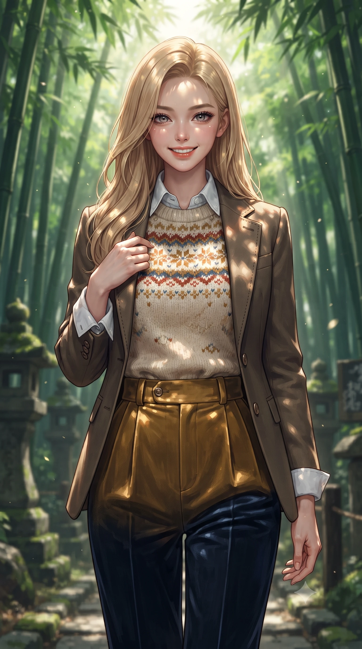 score_9, masterpiece, best quality, ultra-detailed, high-budget anime keyframe, editorial fashion photography, tasteful artistic composition, Korean woman. close-up cowboy shot from the waist and thighs up, the character dominates the composition, filling the frame with her large presence. resting one hand gracefully on her tailored blazer lapel while looking into the camera with bright, sparkling eyes while walking slowly beneath the towering bamboo canopy, listening to the gentle rustling leaves with peaceful aristocratic grace. The background shows a soft-focus ancient mossy stone lanterns softened in mystical Japanese natural sanctuary shallow focus. She has an exceptionally elegant, slender, and willowy female figure with an ultra-slim waist, flat toned midriff, narrow ribcage, and sculpted feminine hips creating an alluring, slim hourglass silhouette without bulk. sharp v-shaped jawline, high-bridge nose, intricate jewel-like sparkling eyes with depth, thick eyelashes, glossy parted lips with a natural peach sheen, bright cheerful beaming smile with an enchanting and coquettish sensual glint, exuding both youthful cute charm and seductive allure, flawlessly proportioned anatomical accuracy, strict slender model proportions, natural body alignment, perfectly sculpted long slender limbs, ultra-slim waistline, clean dynamic posture without body distortion. wearing a Fair Isle patterned lambswool knit sweater layered over an Oxford button-down shirt with pleated wool trousers in Ginza vintage brass gold and midnight navy, crafted from rich cotton velvet with deep light-absorbing pile and soft gradients, featuring delicate tonal horn buttons and meticulous hand-stitched pick-lapel borders, the precision-cut high-waisted tailoring accentuating her ultra-slim waist and long slender leg line with immaculate aristocratic poise. bathed in ethereal shafts of morning sunlight (komorebi) piercing through dense emerald bamboo canopies. ultra-reflective glossy finish, specular highlights, rich textural contrasts, high-contrast stereoscopic depth, volumetric dynamic lighting, 2k, ultra detail, master piece, 9:16 ratio