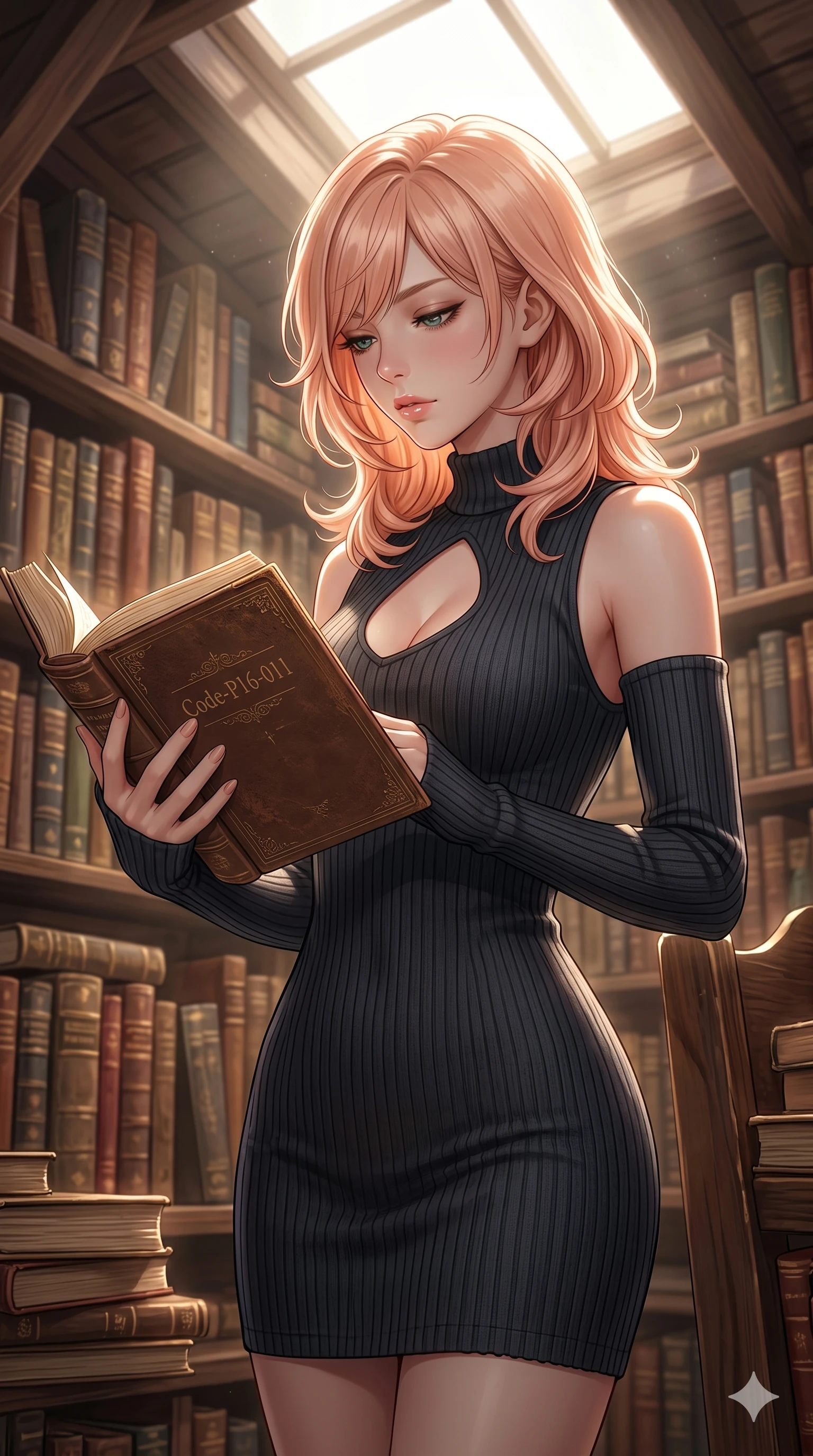 score_9, masterpiece, best quality, ultra-detailed, high-budget anime keyframe, editorial fashion photography, tasteful artistic composition, Japanese woman. cowboy shot from the thighs up, character and outfit filling the frame for maximum editorial presence. holding a heavy book with one hand, looking down with lowered lashes in a thoughtful, composed gesture inside a sunlit library attic filled with leather-bound books (Code-P16-011). She has an absolutely perfect 8-heads proportion, an exceptionally tall and slender female figure with impossibly long slender legs and an ultra-slim waist. V-shaped jawline, high-bridge nose, intricate jewel-like eyes with depth, thick eyelashes, glossy lips with a natural sheen. wearing a cozy ribbed bodycon dress with a tasteful chest slit and long detached sleeves. soft glowing ambient light from a large skylight, highlighting her high-bridge nose and lips. 2k, ultra detail, master piece, 9:16 ratio