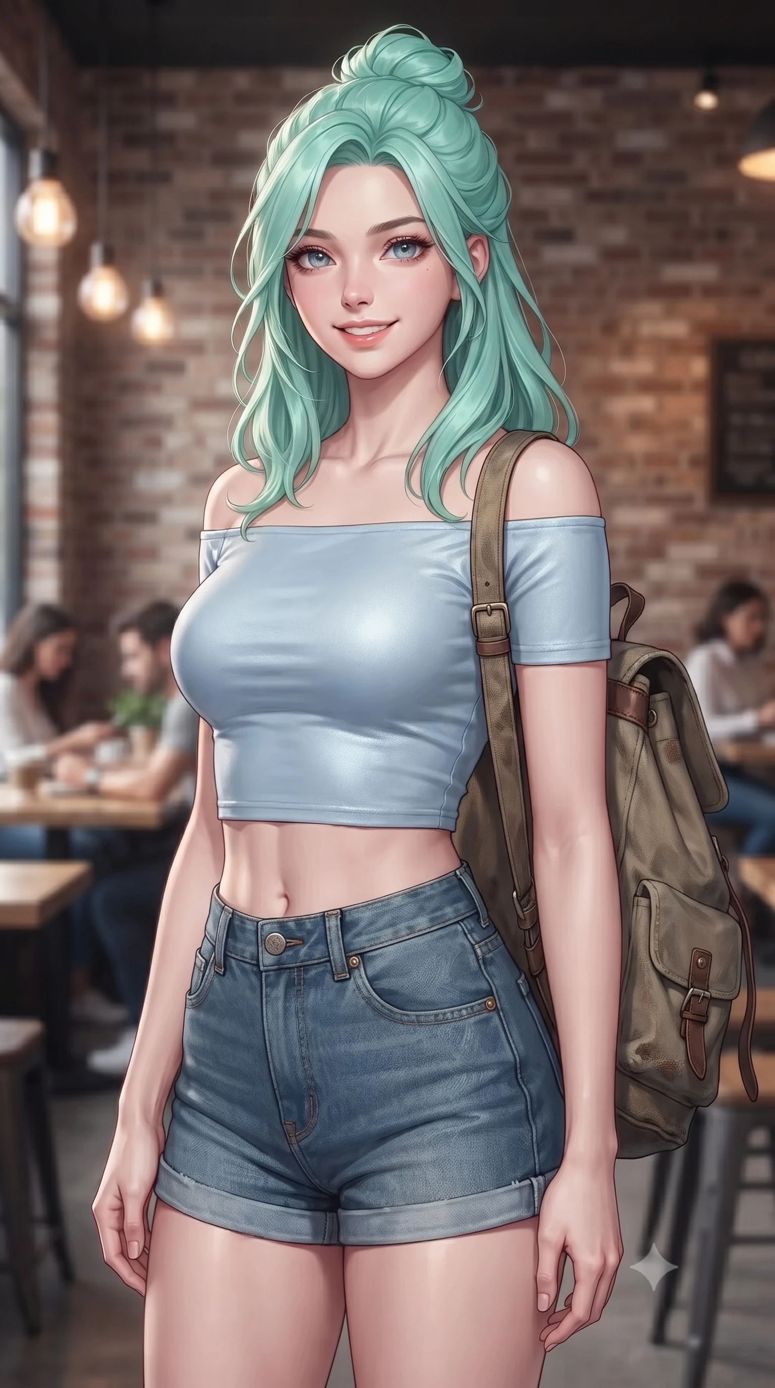 score_9, masterpiece, best quality, ultra-detailed, high-budget anime keyframe, editorial fashion photography, tasteful artistic composition, Japanese woman. close-up cowboy shot from the waist and thighs up, the character dominates the composition, filling the frame with her large presence, background elements kept in soft focus. smiling cutely with an air of effortless superiority and magnetic charm set against a soft-focus background of in a cozy student union cafe with brick walls and warm hanging pendant lights carrying a vintage canvas backpack over her shoulder. She has an exceptionally elegant, slender, and willowy female figure with an ultra-slim waist, a gracefully sculpted slender torso, and a refined silhouette. sharp v-shaped jawline, high-bridge nose, intricate jewel-like eyes with depth, thick eyelashes, glossy lips with a natural sheen. wearing slim-fit off-shoulder crop top in baby blue, paired with high-waist denim shorts. soft diffused daylight creating a clean, high-key glow in the space. ultra-reflective glossy finish, specular highlights, metallic sheen, high-contrast stereoscopic depth, volumetric dynamic lighting, 2k, ultra detail, master piece, 9:16 ratio
