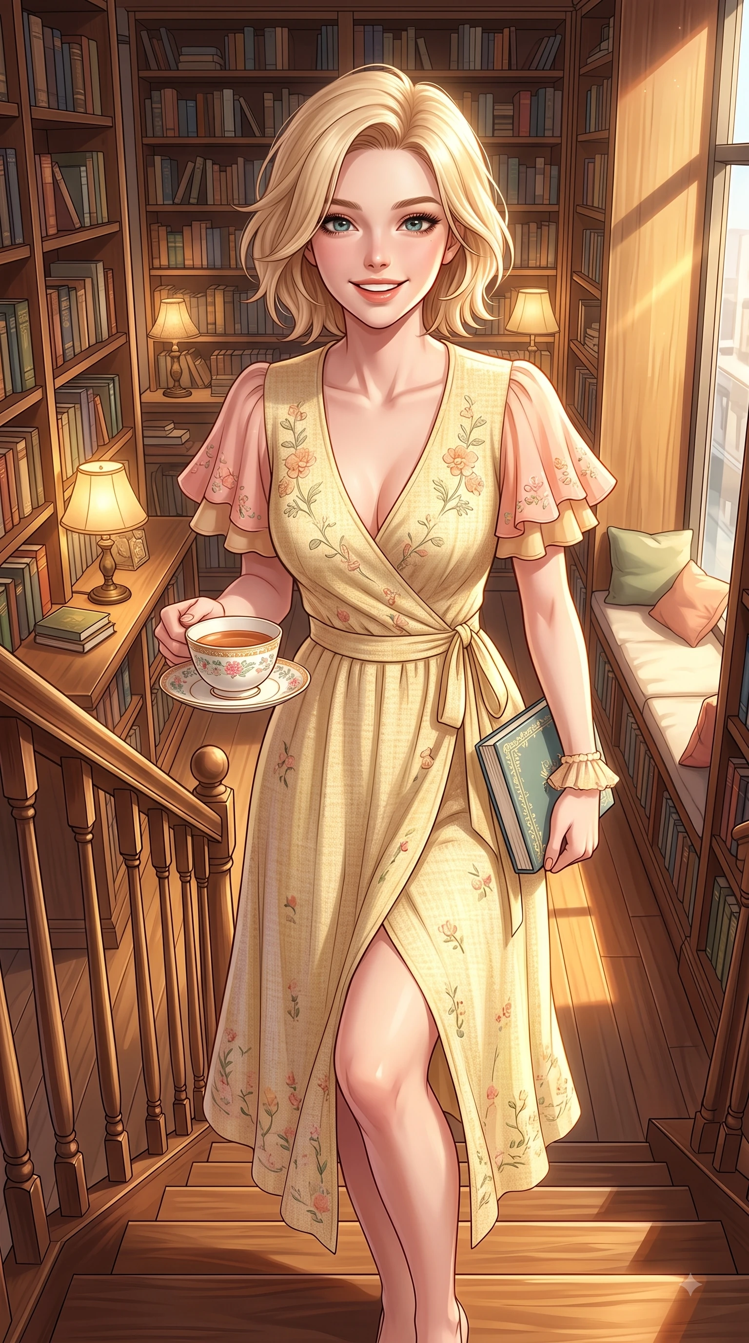 score_9, masterpiece, best quality, ultra-detailed, high-budget anime keyframe, editorial fashion photography, tasteful artistic composition, Caucasian woman. close-up cowboy shot from the waist and thighs up, the character dominates the composition, filling the frame with her large presence. Cheerful beaming smile with sparkling eyes and a fresh girlhood aura, leaning forward with playful grace while stepping down a polished wooden staircase carrying a cup of tea and a notebook with joyful grace. The surrounding environment is rendered in vivid detail and crisp panoramic clarity. floor-to-ceiling wooden bookshelves, vintage desk lamps, and sunlit reading nooks captured in sharp clarity. She has an exceptionally elegant, slender, and willowy female figure with an ultra-slim waist, a gracefully sculpted slender torso, and a refined silhouette. sharp v-shaped jawline, high-bridge nose, intricate jewel-like eyes with depth, thick eyelashes, glossy lips with a natural sheen, flawlessly proportioned anatomical accuracy, natural body alignment, perfectly sculpted elegant limbs, clean dynamic posture without body distortion. wearing an elegant butter-yellow wrap midi dress with subtle floral embroidery and flutter sleeves in peach blossom pink and warm oatmeal, tailored from soft pastel tweed with subtle metallic thread, accented with soft smocked details and fluttery cuffs, the tailored casual silhouette highlighting her fresh and youthful presence. bathed in warm golden sunlight streaming through clean glass cafe windows. highly saturated vibrant anime colors, detailed shading with soft gradients, rich glossy textures, high-contrast stereoscopic depth, volumetric dynamic lighting, master piece, 9:16 ratio