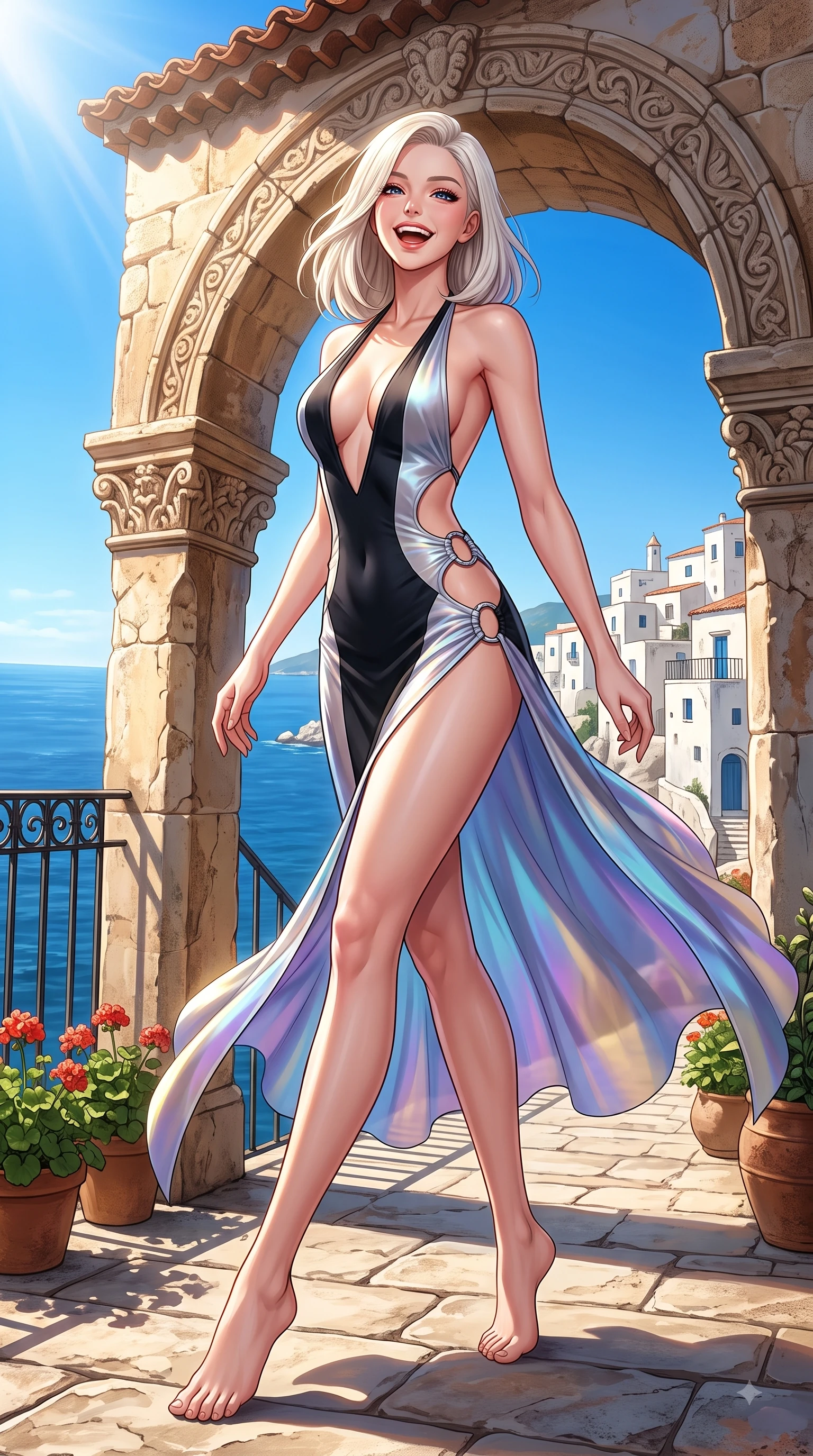 score_9, masterpiece, best quality, ultra-detailed, high-budget anime keyframe, editorial fashion photography, tasteful artistic composition, Caucasian woman. low angle full-body shot from head to toe showing her feet, filling the entire 9:16 vertical frame with her statuesque presence, stretching her vertical silhouette. pivoting dynamically in zero-gravity with a delighted laughing expression, displaying her perfect model proportions while resting happily on a stone archway balcony as intense Mediterranean sunlight warms her form, fresh sea breezes swaying her lightweight resort gown into fluid, uplifting motions. She has an absolutely perfect, statuesque 8.5-heads proportion, an exceptionally tall and slender model-like female figure with impossibly long slender legs and an ultra-slim waist. sharp v-shaped jawline, high-bridge nose, intricate jewel-like eyes with depth, thick eyelashes, glossy lips with a natural sheen, flawlessly proportioned anatomical accuracy, natural body alignment, perfectly sculpted elegant limbs, clean dynamic posture without body distortion. wearing a deep-scoop halter bodycon dress with hip cutouts connected by silver rings in matte black and polished silver, crafted from iridescent chiffon that shifts colors in the light, finished with a sleek side slit ascending to mid-thigh, the glove-like fit emphasizing her statuesque silhouette during motion. bathed in bright white Mediterranean sunbeams and deep blue sky refractions. highly saturated vibrant anime colors, detailed shading with soft gradients, rich glossy textures, high-contrast stereoscopic depth, volumetric dynamic lighting, master piece, 9:16 ratio