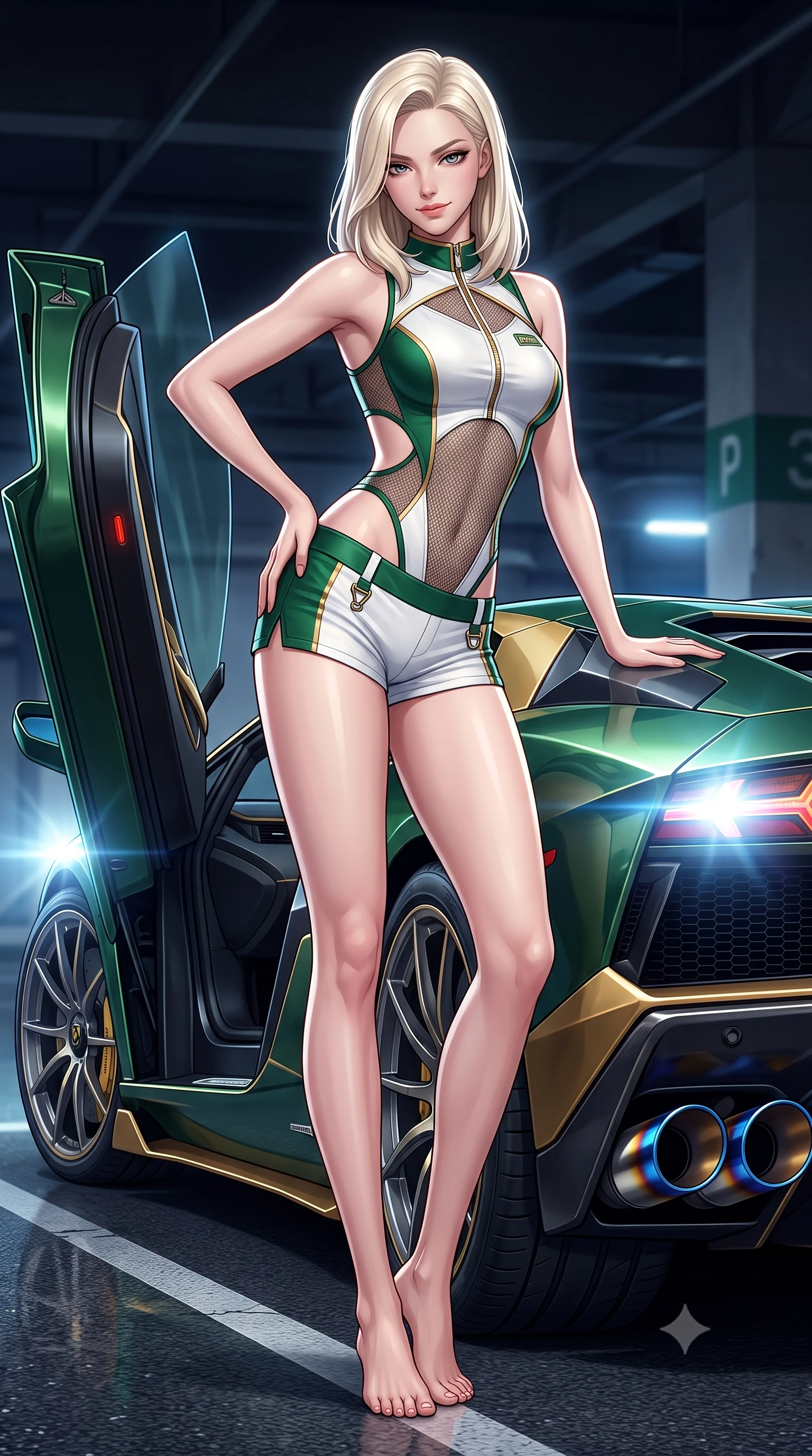 score_9, masterpiece, best quality, ultra-detailed, high-budget anime keyframe, semi-realistic 3D game render, editorial fashion photography, tasteful artistic composition, Caucasian woman. low angle full-body shot from head to toe showing her feet, filling the entire 9:16 vertical frame with her statuesque presence, stretching her vertical silhouette. standing in a tall, confident posture with one hand on the sports car roof, stretching her statuesque body as she arches her lower back to emphasize her sculpted feminine hips and slender waist while leaning against the scissor door of a customized supercar with hips cocked back, looking into the lens with an intoxicating, confident smirk. The surrounding environment is rendered in vivid detail and crisp panoramic clarity: sharp titanium exhaust tip heat-burn discoloration, glossy car paint reflections, and asphalt parking bay line clarity in deep focus. She has an absolutely perfect, statuesque 8.5-heads proportion, an exceptionally tall and slender model-like female figure with impossibly long slender legs, an ultra-slim waist, a flat toned midriff, narrow delicate ribcage, and beautifully sculpted feminine hips creating a graceful, slim hourglass silhouette without any bulky heaviness. sharp v-shaped jawline, high-bridge nose, sparkling eyes with athletic focus and depth, thick curled eyelashes, glossy parted lips with a natural coral-peach sheen, bright confident and coquettish smile with alluring bedroom-eyes, exuding both youthful sporty vigor and sovereign high-society glamour, flawlessly proportioned anatomical accuracy, strict slender model proportions, natural body alignment, perfectly sculpted long slender limbs, ultra-slim waistline, clean dynamic posture without body distortion. wearing a cut-out racing bodysuit with side-torso mesh inserts and low-rise tailored tennis shorts in crisp Wimbledon white and British racing green with gold accents, crafted from sheer delicate stretch lace reinforced with technical sport threads, finished with polished chrome zipper pulls and racing harness buckle hardware, the liquid-tight tailored fabric clinging flawlessly to her narrow waist and rounded feminine hips, emphasizing every millimeter of her sculpted slim hourglass curves without any bulky heaviness. illuminated by high-beam headlight flares and sharp chrome rim lights sculpting her razor-sharp jawline, narrow waist, and curvy hips. highly saturated vibrant anime colors, detailed shading with soft gradients, rich glossy textures, high-contrast stereoscopic depth, volumetric dynamic lighting, master piece, 9:16 ratio