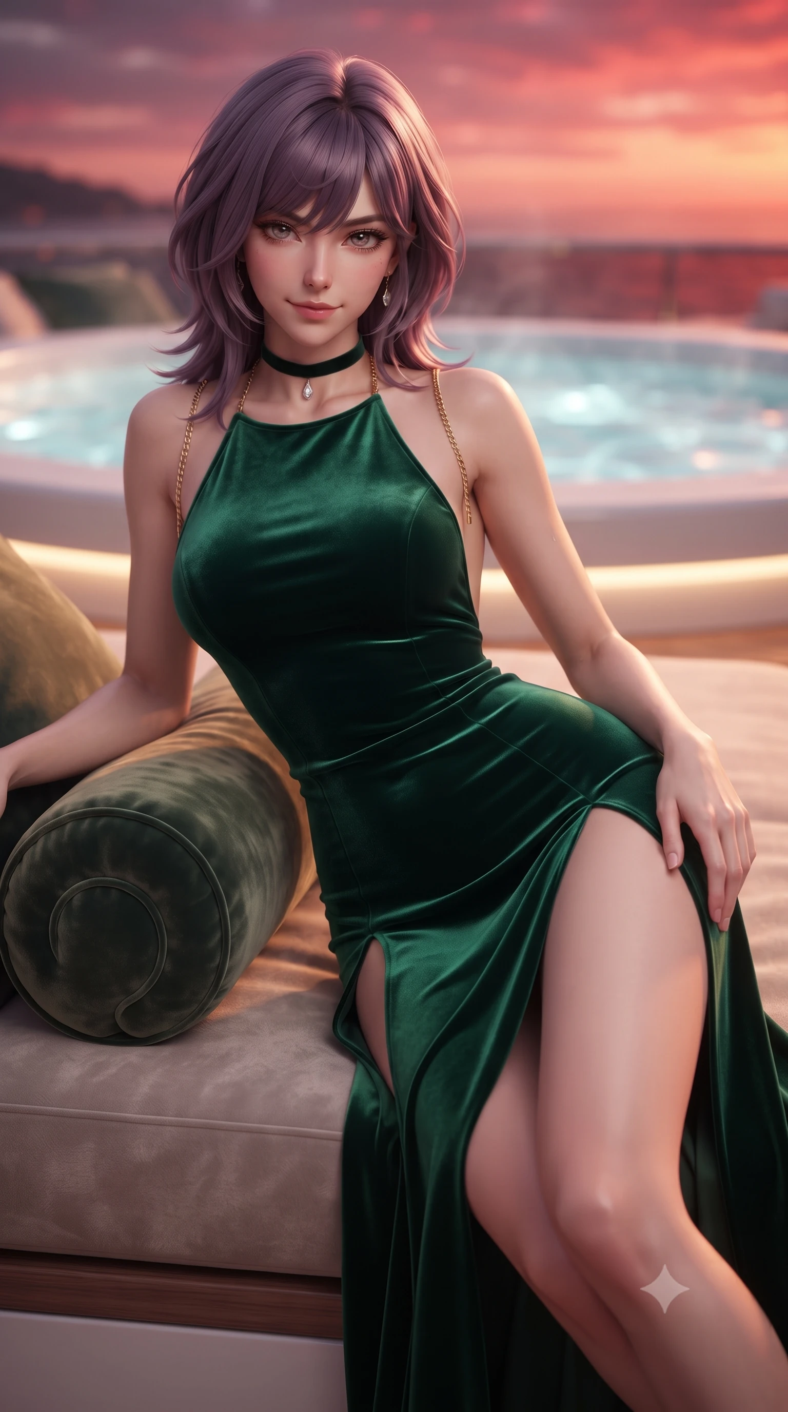 score_9, masterpiece, best quality, ultra-detailed, high-budget anime keyframe, editorial fashion photography, tasteful artistic composition, Japanese woman. close-up cowboy shot from the waist and thighs up, the character dominates the composition, filling the frame with her large presence. tilting her head with a teasing half-smile, running one hand slowly down the side of her hip in a flirtatious S-curve as ambient light caresses her silhouette while lounging gracefully across the oversized plush sunbed propped on one elbow, displaying her long slender limbs and statuesque hourglass silhouette. The background shows a soft-focus glowing water caustics from the infinity glass jacuzzi softened in billionaire superyacht shallow focus. She has an exceptionally elegant, slender, and willowy female figure with an ultra-slim waist, flat toned midriff, narrow ribcage, and sculpted feminine hips creating an alluring, slim hourglass silhouette without bulk. sharp v-shaped jawline, high-bridge nose, intricate jewel-like sparkling eyes with depth, thick eyelashes, glossy parted lips with a natural peach sheen, bright cheerful beaming smile with an enchanting and coquettish sensual glint, exuding both youthful cute charm and seductive allure, flawlessly proportioned anatomical accuracy, strict slender model proportions, natural body alignment, perfectly sculpted long slender limbs, ultra-slim waistline, clean dynamic posture without body distortion. wearing a backless liquid silk halterneck column gown with daring hip-high double slits and thin gold chain shoulder ties in Monte Carlo casino emerald green and polished brass, tailored from ultra-plush silk velvet with rich tactile depth and deep shadow gradients, finished with a thin velvet ribbon choker and a single teardrop diamond pendant, the form-contouring silhouette accentuating her sculpted flat midriff, narrow delicate ribcage, and gracefully curvy hips with intoxicating allure. bathed in the breathtaking 3000K golden hour sunlight transitioning into saturated crimson-coral twilight. ultra-reflective glossy finish, specular highlights, rich textural contrasts, high-contrast stereoscopic depth, volumetric dynamic lighting, 2k, ultra detail, master piece, 9:16 ratio