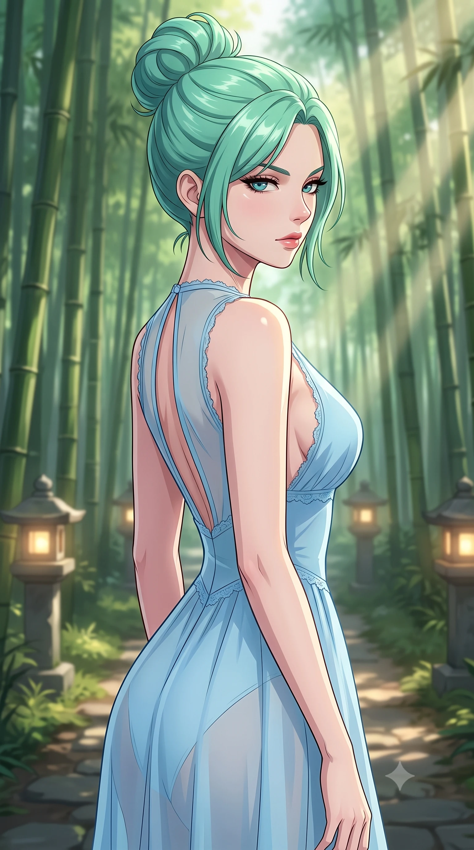 score_9, masterpiece, best quality, ultra-detailed, high-budget anime keyframe, tasteful artistic composition, Japanese woman. close-up cowboy shot from the waist and thighs up, the character dominates the composition, filling the frame with her large presence, background elements kept in soft focus. turning her face in sharp profile, casting a cold, mysterious, yet intensely alluring side gaze, the background shows a soft-focus a secluded bamboo forest path lit by stone lanterns at dawn. She has an exceptionally elegant, slender, and willowy female figure with an ultra-slim waist, a gracefully sculpted slender torso, and a refined silhouette. sharp v-shaped jawline, high-bridge nose, intricate jewel-like eyes with depth, thick eyelashes, glossy lips with a natural sheen. wearing a tailored sheer chiffon midi dress in baby blue, featuring a plunging keyhole cutout and lace trim. soft morning sunrays slicing through the bamboo stalks, creating volumetric rays. highly saturated vibrant anime colors, cel-shading, 2d style, master piece, 9:16 ratio
